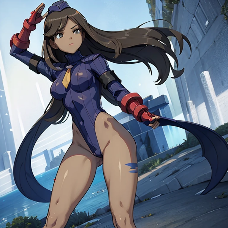 ultra-detailed, Explicit, Beautiful body, Beautiful Nose, Beautiful character design, perfect eyes, perfect face, ultra highres, 4K, beautiful legs, perfect legs, Nice hands, Perfect hand, Masterpiece, Best Quality, Highly detailed, illustration, absurdres, street fighter, doll suit, shadaloo doll, dollsuit, expressionless, blank eyes, looking at viewer, red gloves, emotionless, black latex, corrution, mind control, female combatant, full body, hypnotized, unhappy trance, full body suit, ribbed bodysuit, both arms at side, obey, perfect female body, extremely glossy latex, hypnosis, hypnoLora, empty eyes, Mind control device, poses, submissive_pose, Slave, hat, necktie, stand up straight, standing, standing at attention, hat, necktie, belt, latex, ribbed bodysuit, thighhighs, garter belt, Fighting Stance, extending the right arm from the shoulder into the air with a straightened hand, nazi saluting, military, military saluting, salute, thigh boots, Linnea (furisode girl, trainer from pokemon), long hair, brown hair, blue eyes