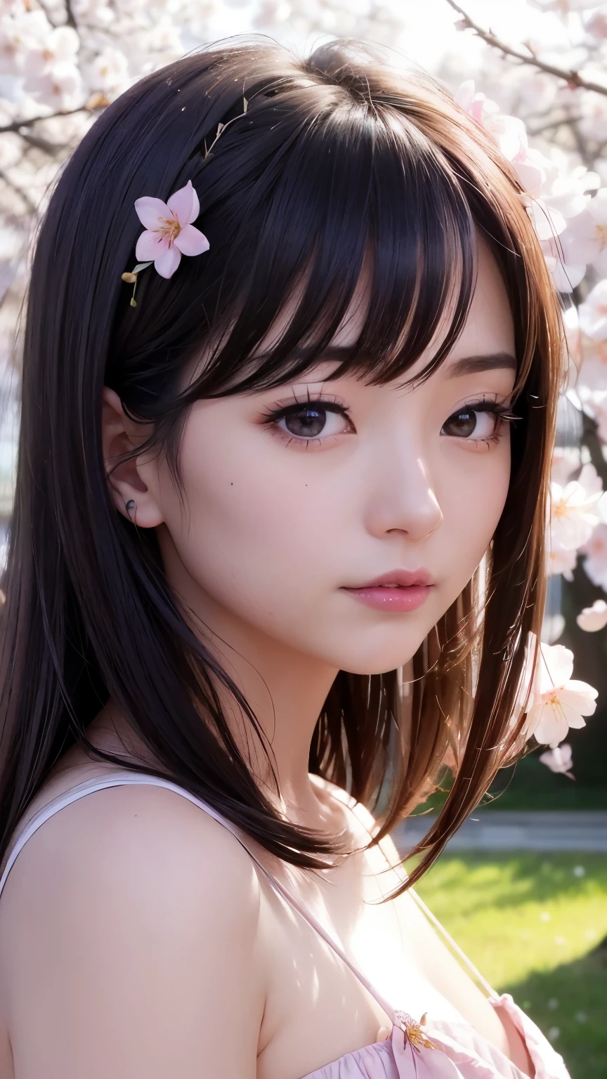 (A logo、​masterpiece、8K、masutepiece、Raw photo、Fantastic、Best Quality、フォトリアリスティックでighly detailedな CG 統合 8k 壁紙、hightquality、ighly detailed、epic poem、Particle effect、Dynamic effects、depth of fields、Cinematic Light、Lens Flare、Ray tracing)、Fantasia、 (Beauty 1 person、doress、Dress、Cherry blossom pattern、A dark-haired、Beautiful face、Real Face、beautiful details eyes beautiful skin)、髪がthe windで踊る、Hair flutters in the wind、Hair jumps、Pink cherry blossom tree、Petals flutter、Sakura blizzard、Superb view、morning glow、Sun in the background、the wind、