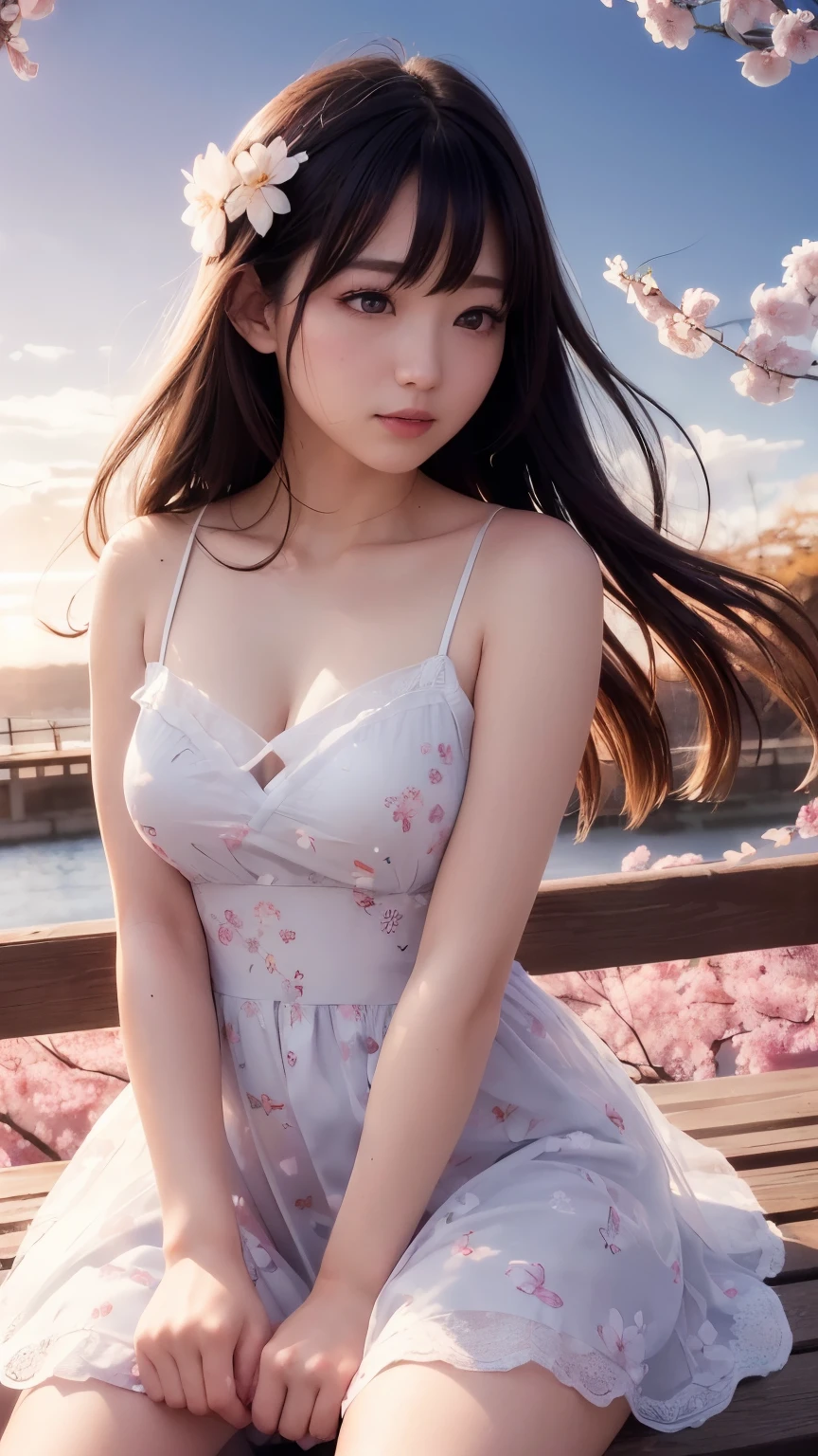 (A logo、masterpiece、8K、masutepiece、Raw photo、Fantastic、Best Quality、フォトリアリスティックでighly detailedな CG 統合 8k 壁紙、hightquality、ighly detailed、epic poem、Particle effect、Dynamic effects、depth of fields、Cinematic Light、Lens Flare、Ray tracing)、Fantasia、 (Beauty 1 person、doress、Dress、Cherry blossom pattern、A dark-haired、Beautiful face、Real Face、beautiful details eyes beautiful skin)、髪がthe windで踊る、Hair flutters in the wind、Hair jumps、Pink cherry blossom tree、Petals flutter、Sakura blizzard、Superb view、morning glow、Sun in the background、the wind、