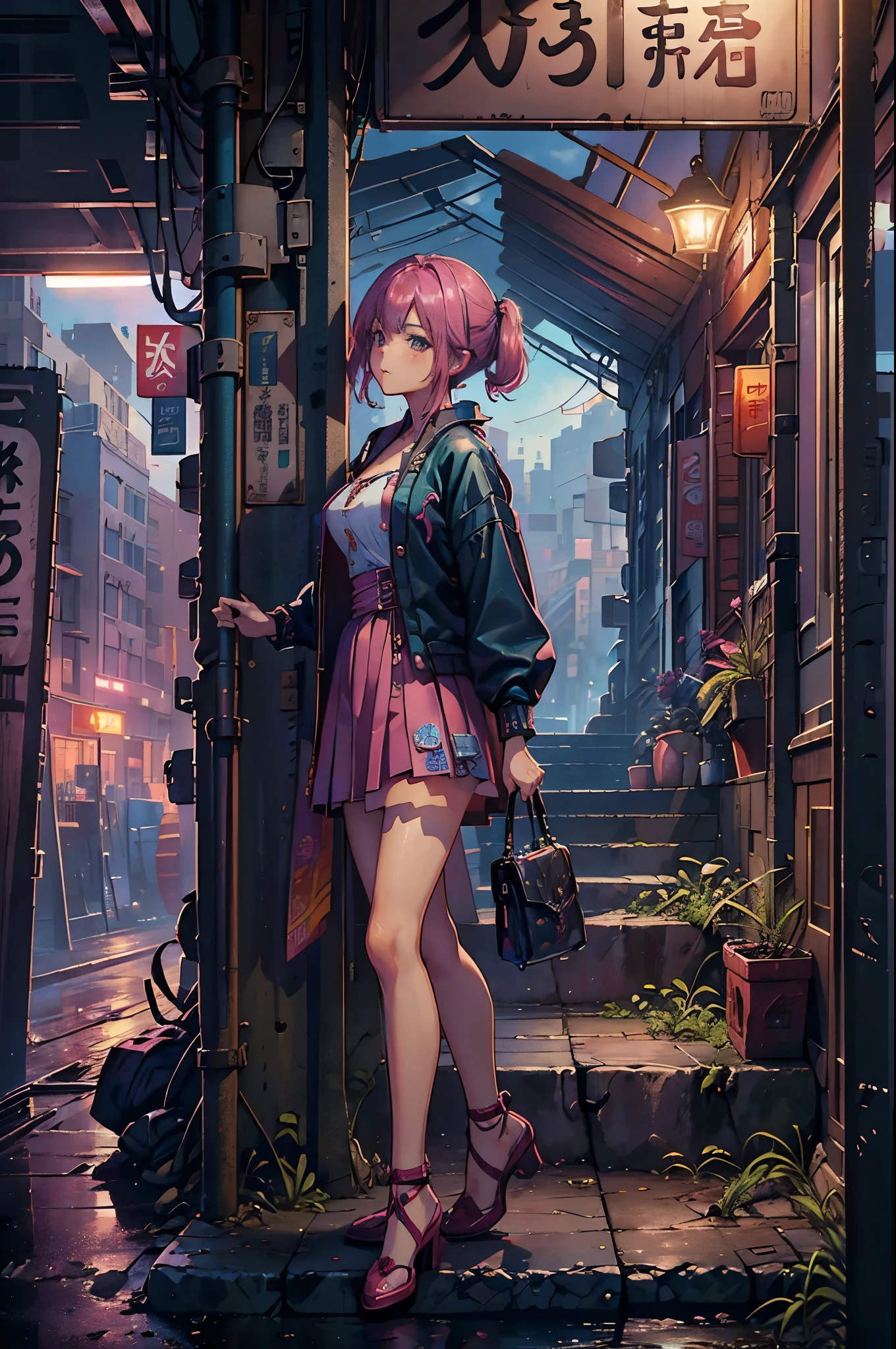 magenta tint、Vibrant colors、((tmasterpiece)))、(((quality)))、((ultra - detailed))、(Surreal)、(Very detailed CG illustration)、offcial art、CD cover、It will be、midsummer、The glorious 1980s、1个Giant Breast Girl,Cool beauty、cochetti gorgeous、incomparable beauty、Hair color、Rock music、jaqueta de couro、Superskirt、perfect angle、Perfectcomposition、(evening,trains站,staircase,trains,Yunxia),corner store,fantasy_world,
