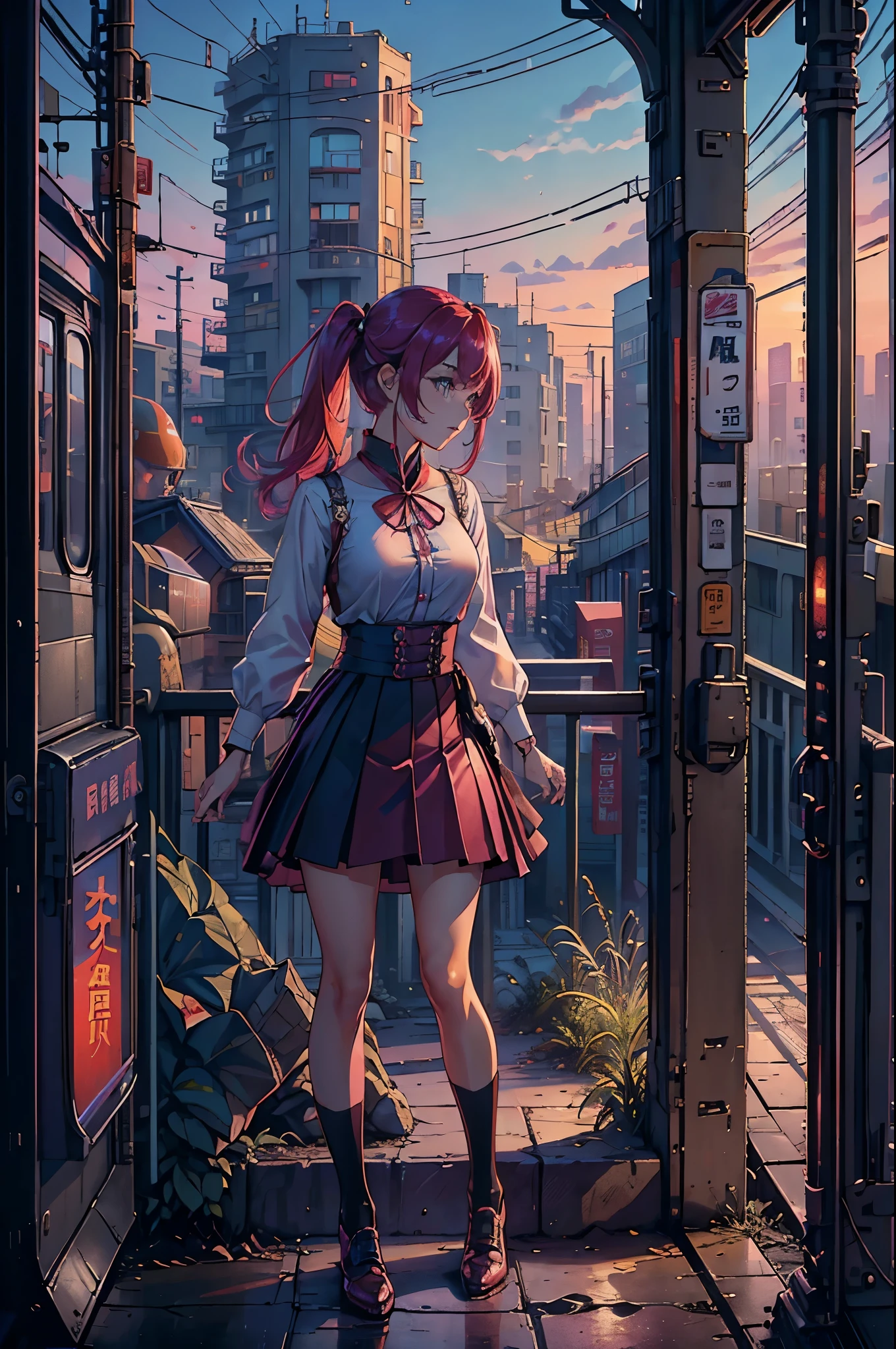magenta tint、Vibrant colors、((tmasterpiece)))、(((quality)))、((ultra - detailed))、(Surreal)、(Very detailed CG illustration)、offcial art、CD cover、It will be、midsummer、The glorious 1980s、1个Giant Breast Girl,Cool beauty、cochetti gorgeous、incomparable beauty、Hair color、Rock music、jaqueta de couro、Superskirt、perfect angle、Perfectcomposition、(evening,trains站,staircase,trains,Yunxia),corner store,fantasy_world,