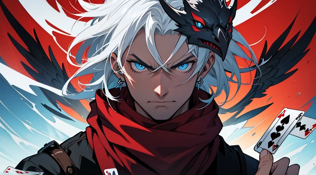 Man with white hair and blue eyes and crow mask and red scarf very angry looking at the viewer and holding playing cards and yellow background with playing cards full of thunder flying