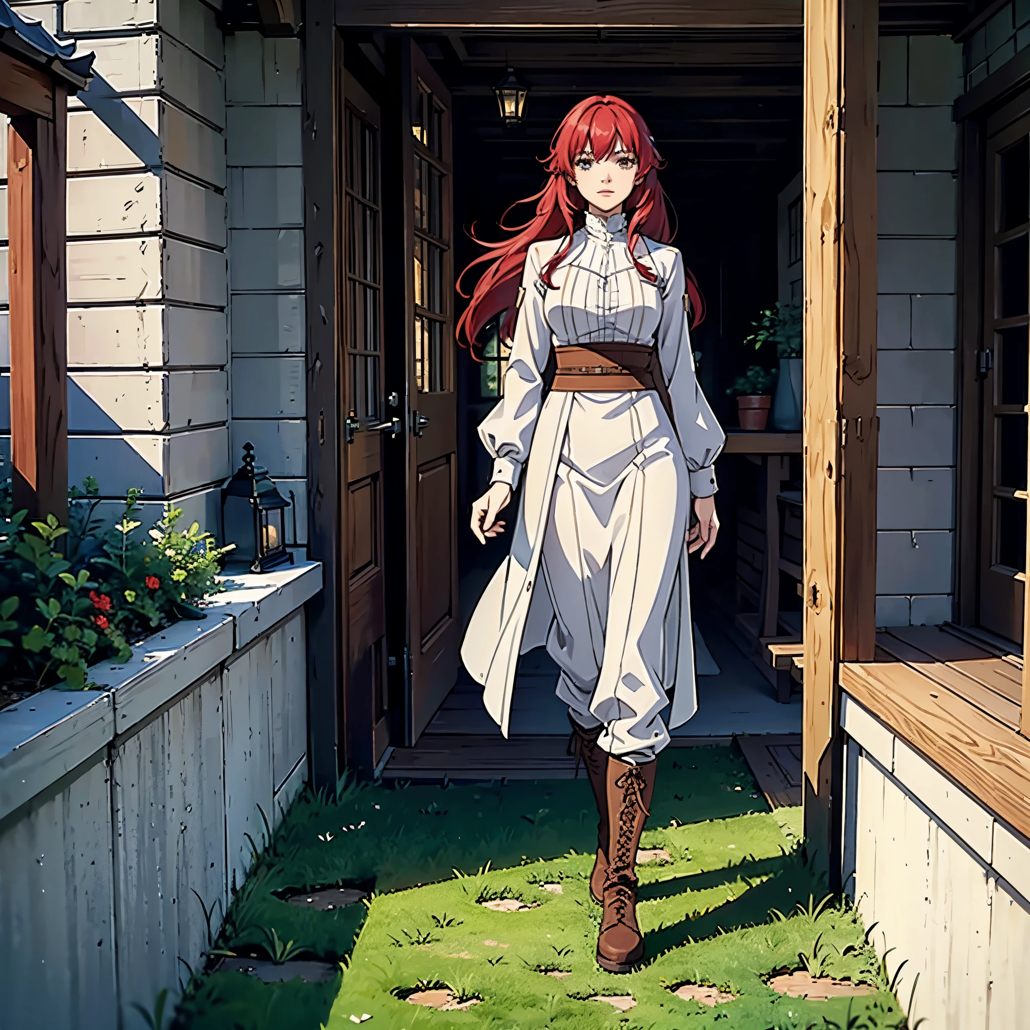 Full body portrait of Ileosa Arabasti from the Pathfinder Roleplaying Game, flowing mid-length red hair, wearing commoner clothes with boots, on the porch of a country house, serene expression, looking at the horizon, solo character