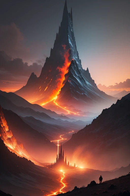 A fantasy inspired landscape of the fiery pits of hell, with mountains spewing lava in the distance