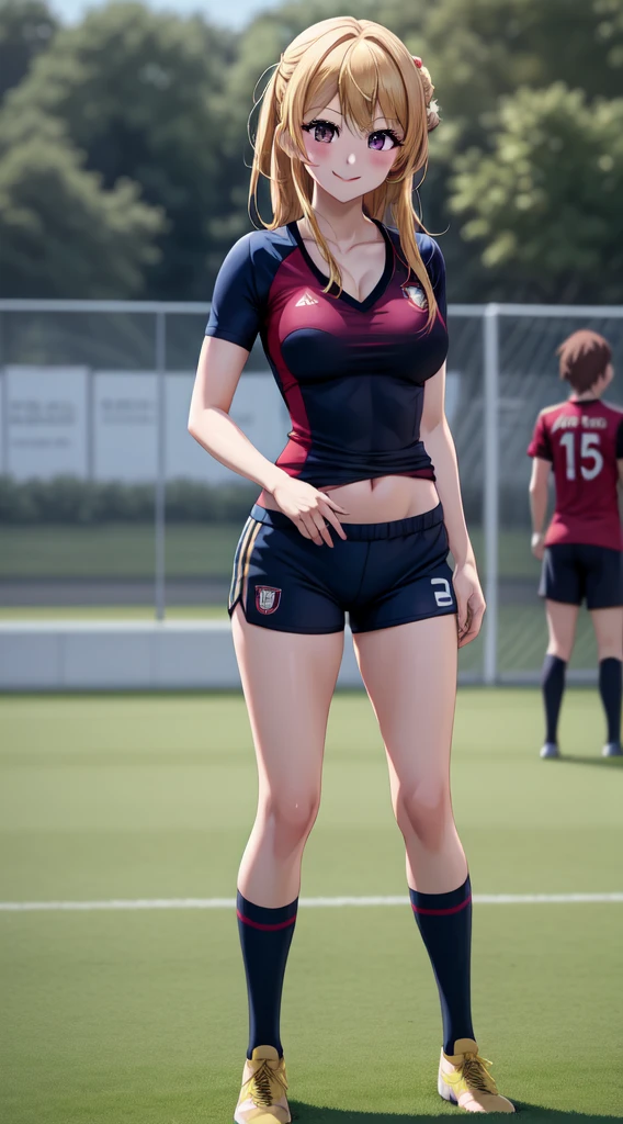 anime, beautiful face, highly detailed face, 2 accurate legs detailed eyes, highly detailed background, perfect lighting, accurate arms, accurate hands, accurate fingers, blonde hair, full body, 1girl, solo, ruby hoshino, oshi no ko, outdoors absurdres, high res, ultrasharp, 8K, masterpiece, looking at the opponent, (full body:1.4), teasing smile, tight football t-shirt, tight sport shorts, playing football against someone, cleavage, on a soccer pitch, soccer