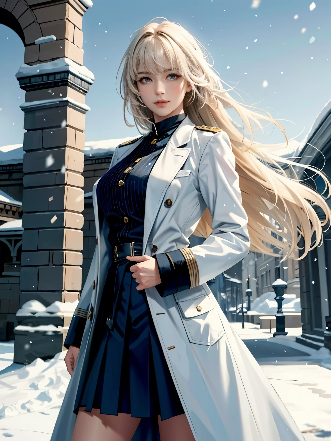 (highest resolution, distinct_image) Best quality, single person, one girl, solo, masterpiece, highly detailed, realistic, long hair, braided white blond hair, (blue military uniform underneath the coat), depth of field, outdoor background, (falling snow), ((big breasts)), authoritative, dignified, calm and powerful expression, ambient lighting, exquisite facial feature trimmed white coat), open coat, skirt, looking at viewer, head to waist, in a terrace of a monumental building, (((front bangs))), dynamic angle, striking a pose, light smile