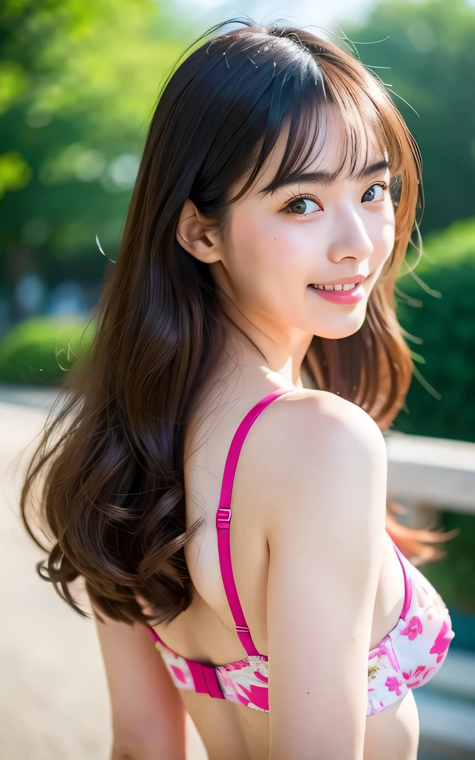 masutepiece, Best Quality, 8K, yo, Large breasts, Raw photo, Professional Photography, Portrait, Soft light, Professional Lighting, Solo, Smile, close up, Face, close up, Cute, Girly, Goddess, Delicate girl, Neat and clean beauty, Full body, Digital SLR, Looking away, Candid, Sophisticated, Film grain, (Eyes and faces with detailed:1.0), Medium hair swaying in the wind, Bangs, pink floral sexy panties、pink floral sexy bra、Cute ass