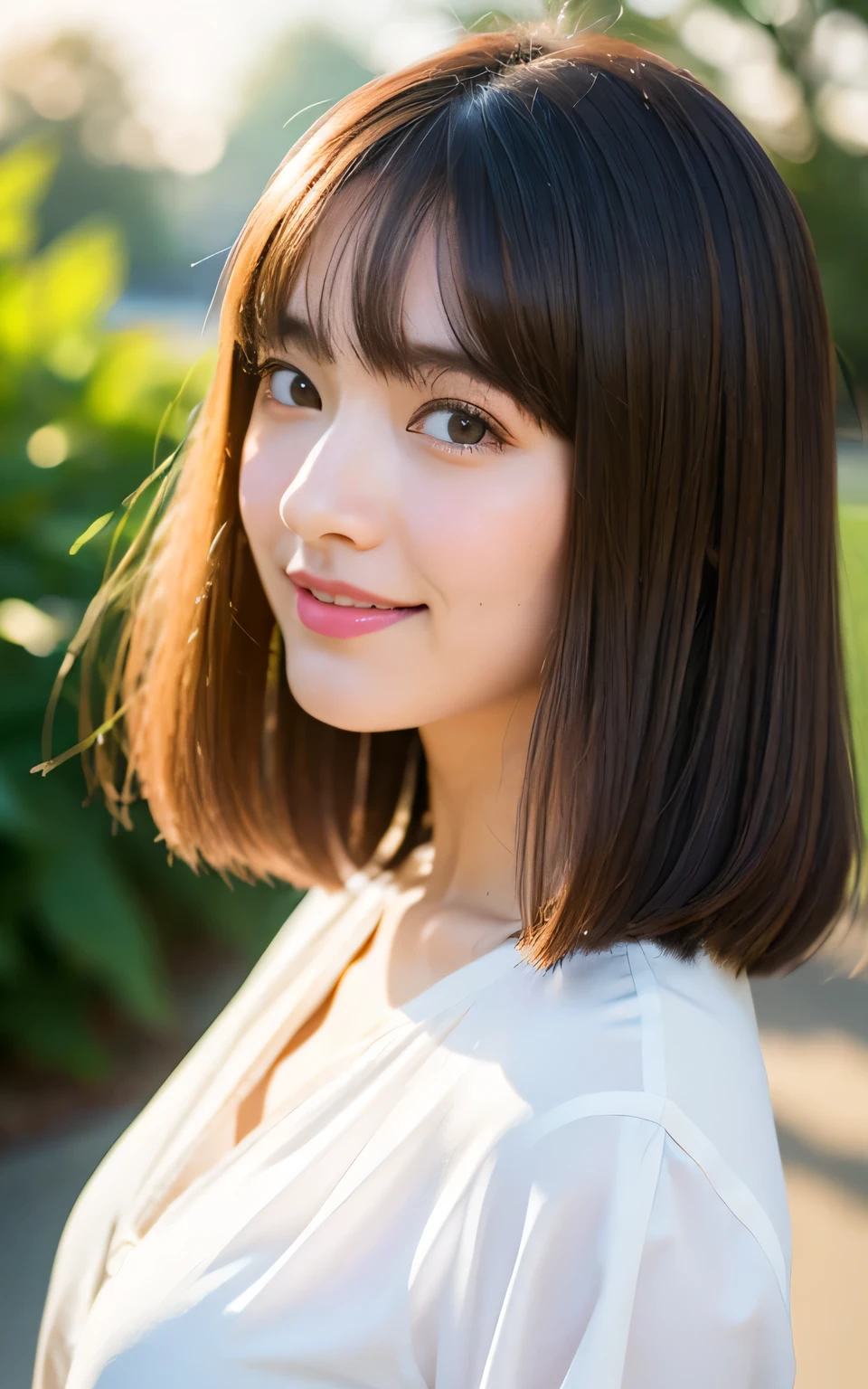 masutepiece, Best Quality, 8K, yo, Large breasts, Raw photo, Professional Photography, Portrait, Soft light, Professional Lighting, Solo, Smile, close up, Face, close up, Cute, Girly, Goddess, Delicate girl, Neat and clean beauty, Full body, Digital SLR, Looking away, Candid, Sophisticated, Film grain, (Eyes and faces with detailed:1.0), Medium hair swaying in the wind, Bangs, Silk blouse, Skirt,