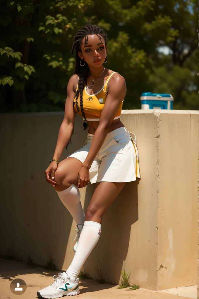 hay una mujer sentada en una pared con una raqueta de tenis, sujetador y pantalones cortos streetwear, athletic fashion photography, perfectamente equilibrado, white shorts and hiking boots, con falda blanca, con camiseta sin mangas y falda, white skirt and barechest, Classic vibrations, Sujetador deportivo y pantalones cortos, Llevar croptop amarillo, Physical sports, vestido con un top y pantalones cortos