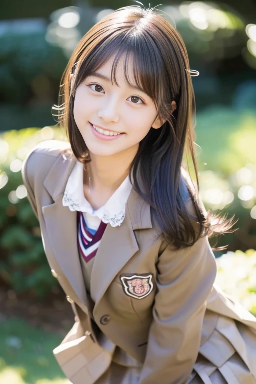 (((​masterpiece))),  (One beautiful Japan girl, classmates, Innocence，kawaii) ，超A high resolution, Realistic, ultra-detailliert, 8K,top-quality, Extremely detailed, Detailed background,A slender,very beautiful japanese girl, Detailed face:1.3), (Boyish short-haired，A dark-haired :1.4), (a ，kawaii系,adorable 14 year oPerfect body:1.1),  (Brown blazer, Light brown pleated mini skirt), Provocative smile,Please show me your beautiful teeth,Super Detailed Face、Detailed lips、A detailed eye、small gravure idol，Transparent skin、Lori，Japanese high school uniform with the school emblem on the chest，Carrying a backpack、Leaning forward，sexy  pose，Focus on the buttocks，Looking Back、In the classroom，A glimpse of white lace pants is visible.，Looking down from above