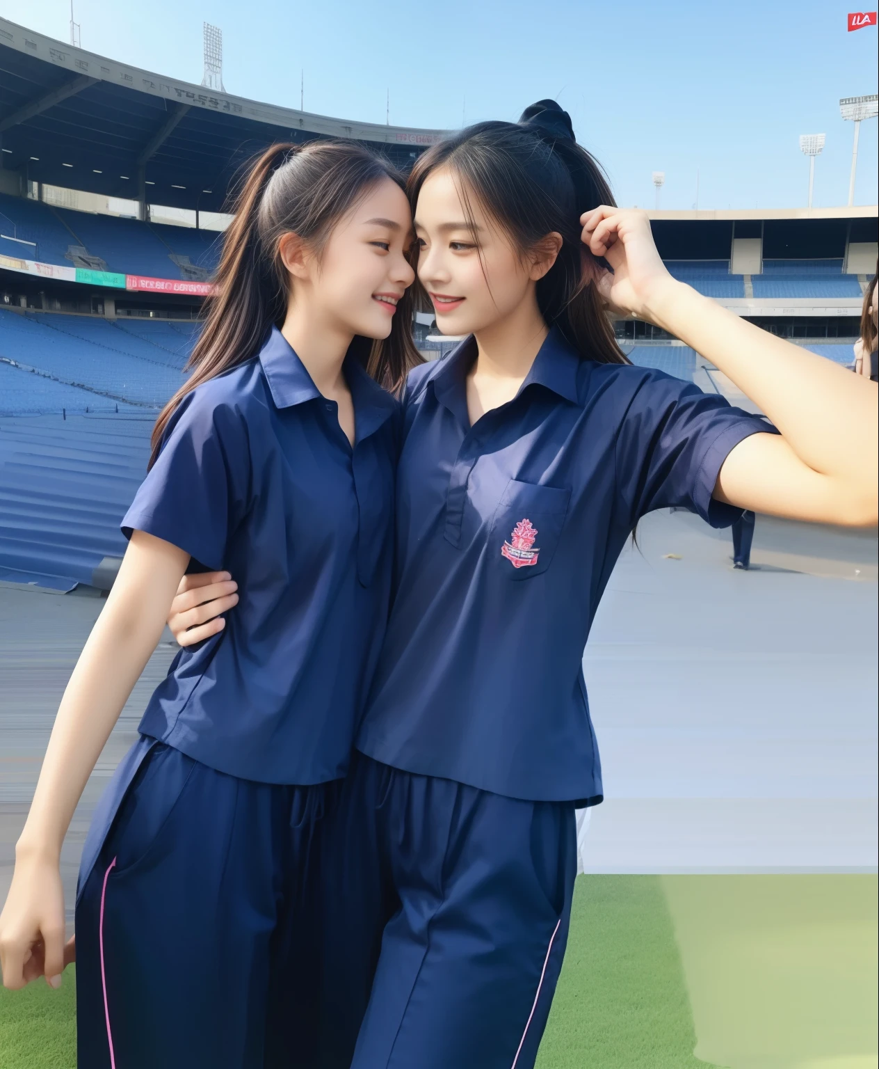 (bestquality,10,10,highres,masterpiece:1.2),ultra-detail,(Realistic,ภาพRealistic,photo-realistic:1.37),1 Cute girl in the football field,oily shiny skin,bara,light smile,BDclothelue shirt:1.3)),short sleeves,shirt, trousers.,(navy_long_ติดตามtrousers:1.1), ((Stadium Background:1.3)),dynamic angle,excited,face focus,Dynamic Poses,from behide,Ass Focus,masterpiece, bestquality, ultra realistic, hyper-detail, 8k resolution, RAW photo, crisp focus, ((Navy blue shirt:1.1)), short sleeves, เส้นทางlong, Complete bodyแบบ, 2 mature women, 18yo, cinematic light,trousersวอร์มสีน้ําเงิน,Gymware,Correct anatomy,Complete body, Correct body, sharp face, Correct bodyทางกายวิภาค, full entire body, Realistic gestures, long-haired, Realistic poses,Wear long shorts...........................................,ช่วงขาlong,Shapely,Sculpting Girl, Slender Figure, mannequin mannequins, Shapely, Beautiful body,trousersวอร์มสีน้ําเงิน, Two girls kissing