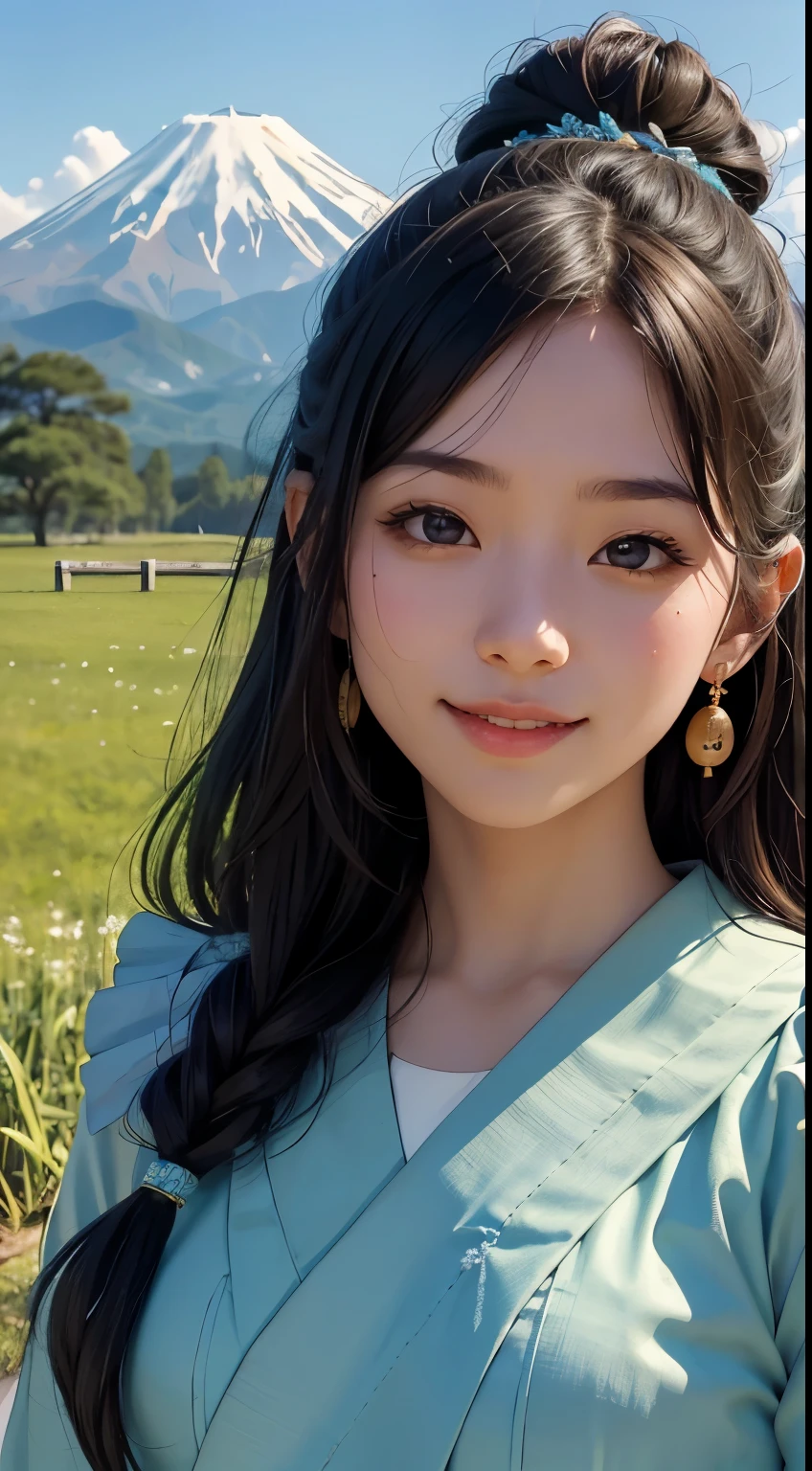beautiful girl in a primitive costume made of hemp, front face, photo, an extremely delicate and beautiful, extremely detailed, Amazing, extremely detailed skin, (18 years old:1.2), cute girl, famous Japanese idol, kawaii, fair skin, shiny skin, chin thin, smile, cute, young, extremely detailed nose, extremely detailed mouth, cute face, (realistic face:1.2), beautiful views, japan, nature, grass field, mountain, outdoors, blue sky