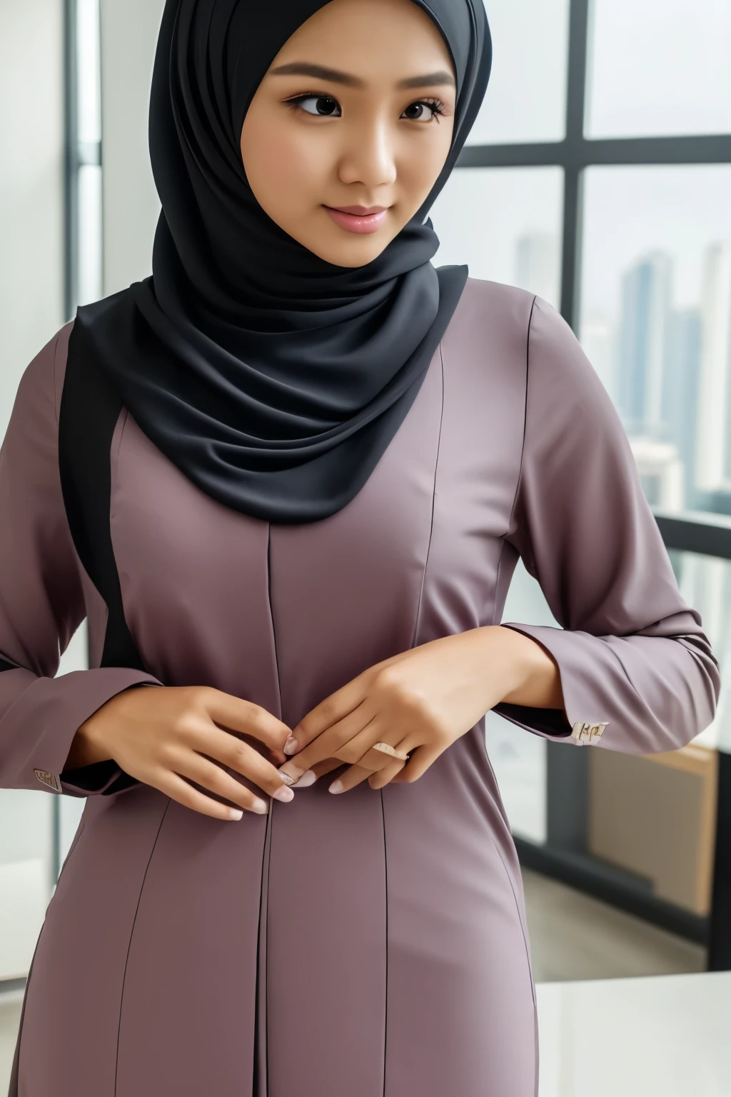 close up of a malaysia girl, (full-body:1.2), (flat-chests:1.5), (kurung modern Outfit:1.3), (RAW photo, Masterpiece, Best Quality:1.2), (hijab:1.4), (headscarf:1.2), Fit Clothes that are covered and polite, long-sleeved Hijab clothes, look polite and elegant, ((Best Quality Hijab Hair, Hair close with Hijab)), ((hands_with_5_fingers):1), ((perfect_hands):1), ((perfect_fingers):1), better_hands, malaysian girl, in office, high heels, hands on the chest