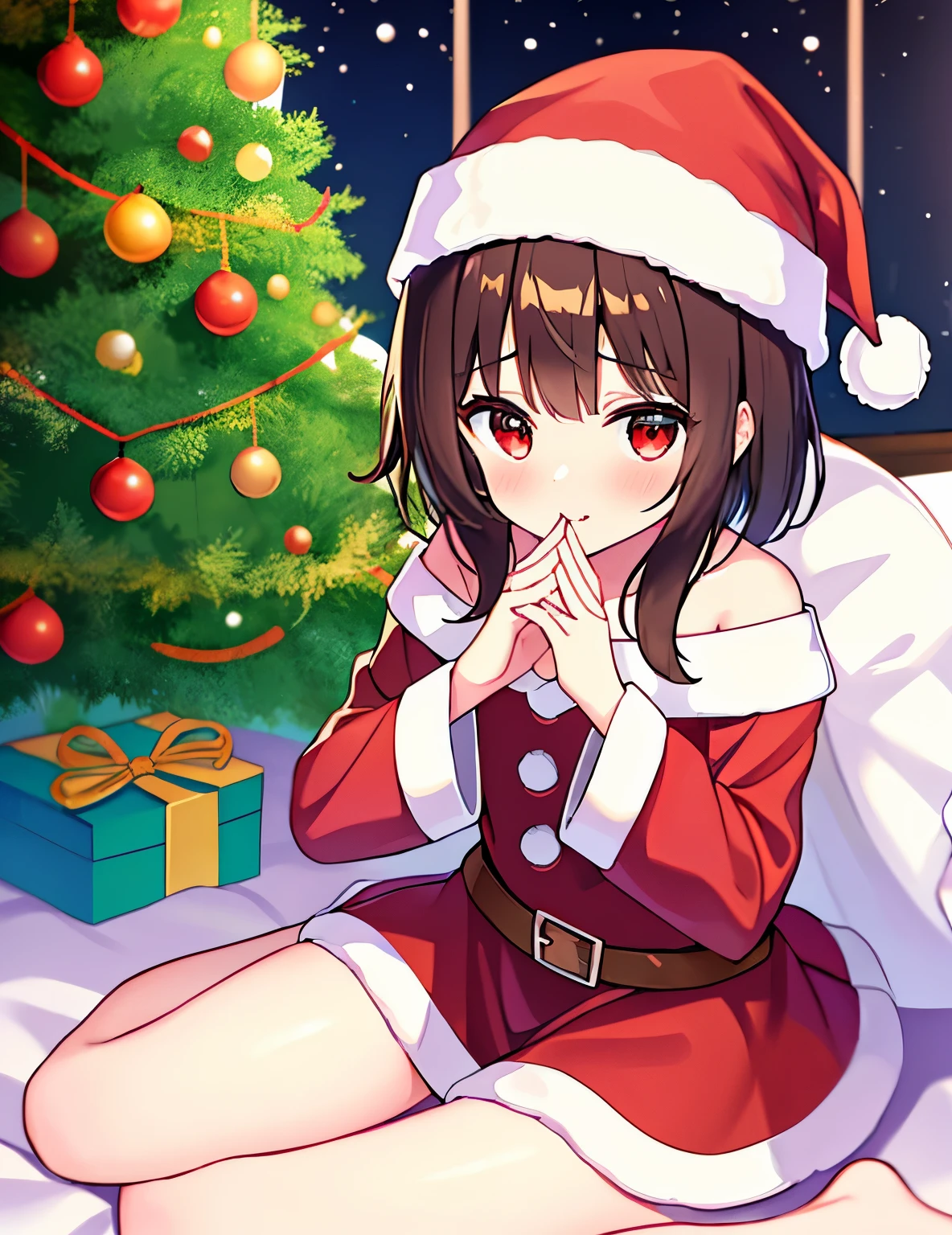 Megumin, red eyes, cabelos curto, cabelo castanho, Santa Claus Christmas outfit, em casa, perto da lalaleira, hands crossed, com vergonha, presentes de natal, white christmas tree, beautiful hands and feet.