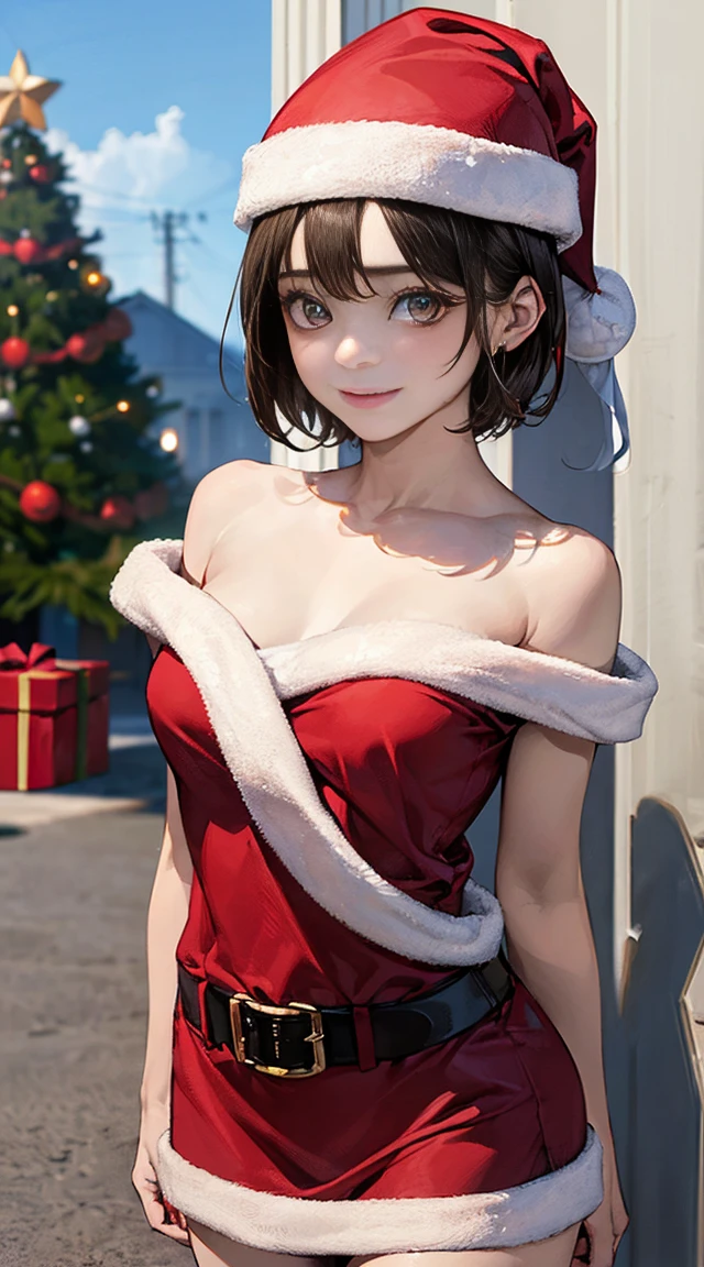 (master part:1.2, qualidade superior), (Realistic, photoRealistic:1.4), beautiful illustration, NSFW, Olhando para o Viewer, cowboy shot, Front view:0.8, 
1 girl, Japanese, junior high school girl, cabelo bonito, beautiful face, belos olhos detalhados, cabelos loiros, (short hair:1.4, Caudas duplas:1.7), franja, cabelo entre os olhos, olhos azuis, 
beautiful collarbone, Corpo bonito, peito bonito, seios grandes:0.8, coxas bonitas, beautiful legs, Dedos bonitos, coxas nuas, (coxa grossa, beautiful setting), Noite de Natal, dentro, quarto, (Christmas tree:1.3), 
((vestindo fantasia de papai noel, symmetrical clothing, metallic red santa claus hat, vestido de papai noel vermelho metalizado, metallic red santa boots, bareshoulders), colar de natal), 
(Inchado), ((postura sedutora:1.2, atratividade:1.2)), 
(Erotic, sexy, olhos superiores, sorrir), pele brilhante, sentado, 
rosto perfeito, Beautiful and symmetrical face, Natural side lighting, Movie Lighting), profundidade de campos,