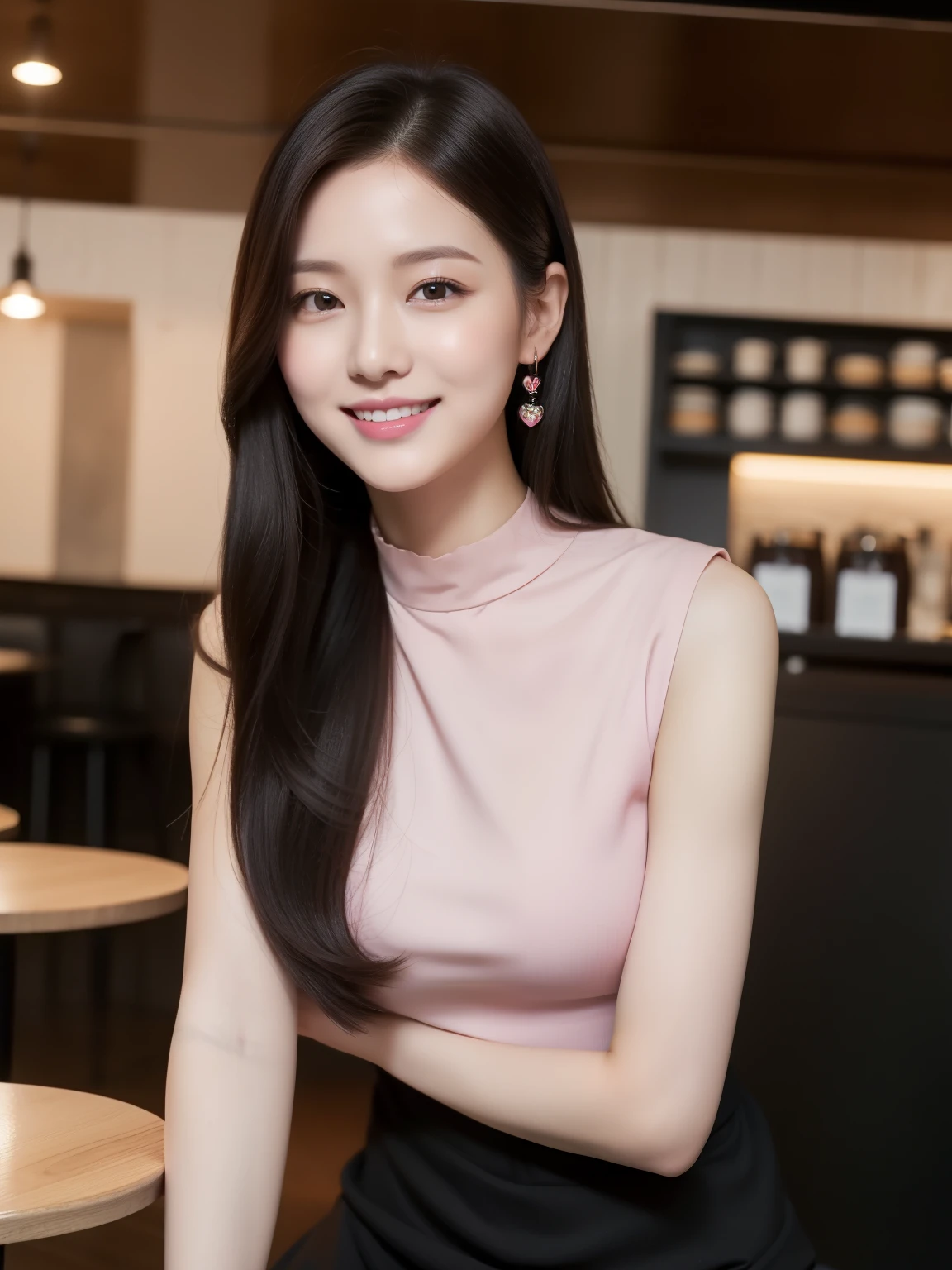(Top quality, 8K, Masterpiece: 1.3), Beautiful girl, Pure, Melon face, Kind and cute, Sweet smile, Pure desire, Slender body, (Front), (Tilted head), (Looking at camera), (Pink Wearing a business suit), black smooth medium hair, long flowing shoulders, round black big eyes, clear big eyes, moist red lips, sweet, sitting in a cafe, cafe shop background, (full body),