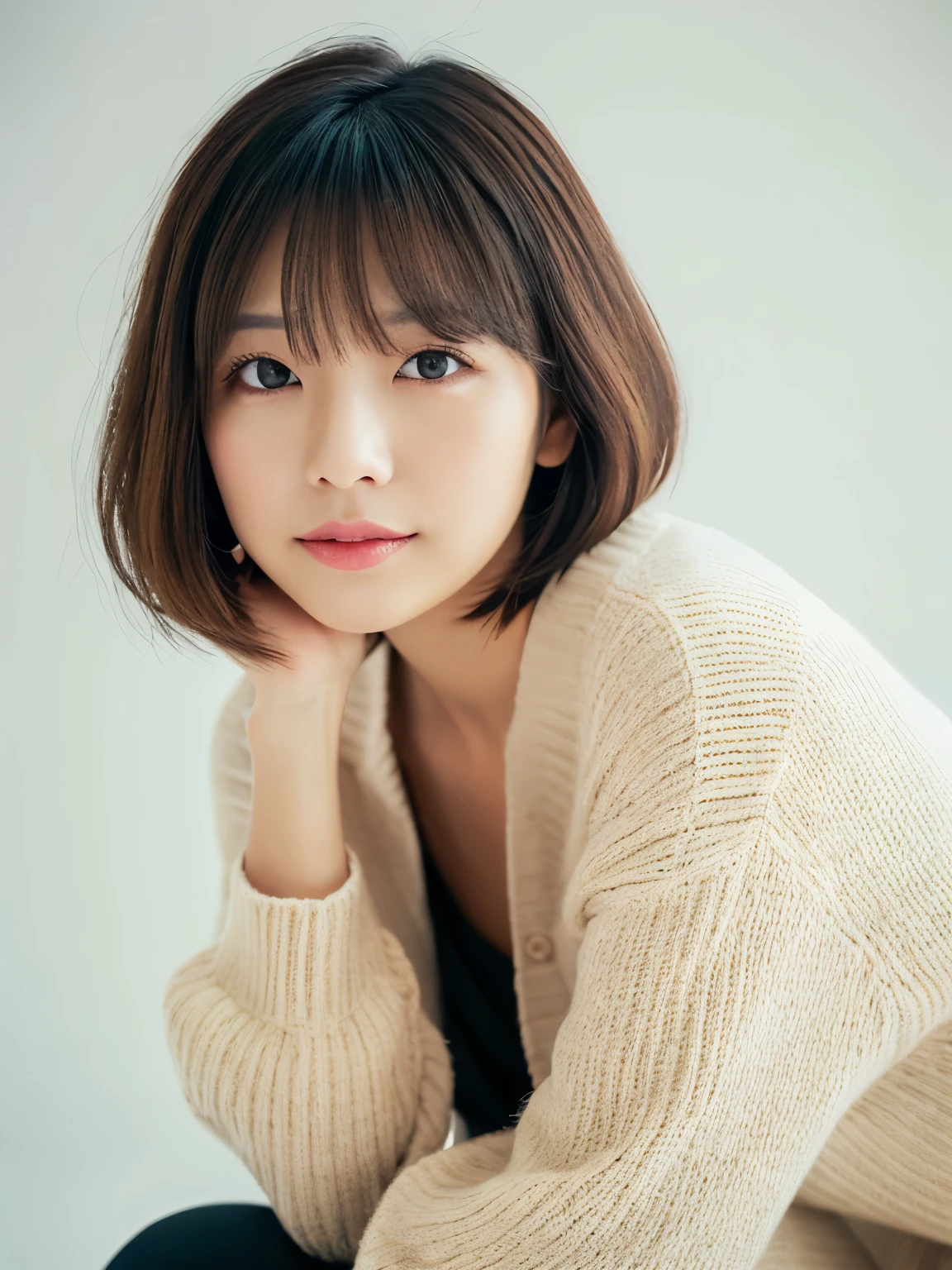 ((masutepiece,top-quality)), (photographrealistic:1.4),((masutepiece,8K)),hight resolution,Studio Soft Light, Rim Lights, vibrant detail, realistic skin textures,Japanese, 1 beautiful woman, Short hair, Wave hair, faint thin bangs, make - up, 38 years, Detailed skin, cardigan, wide-leg pants, White background, White Room,white walls, fully body photo, Looking at Viewer