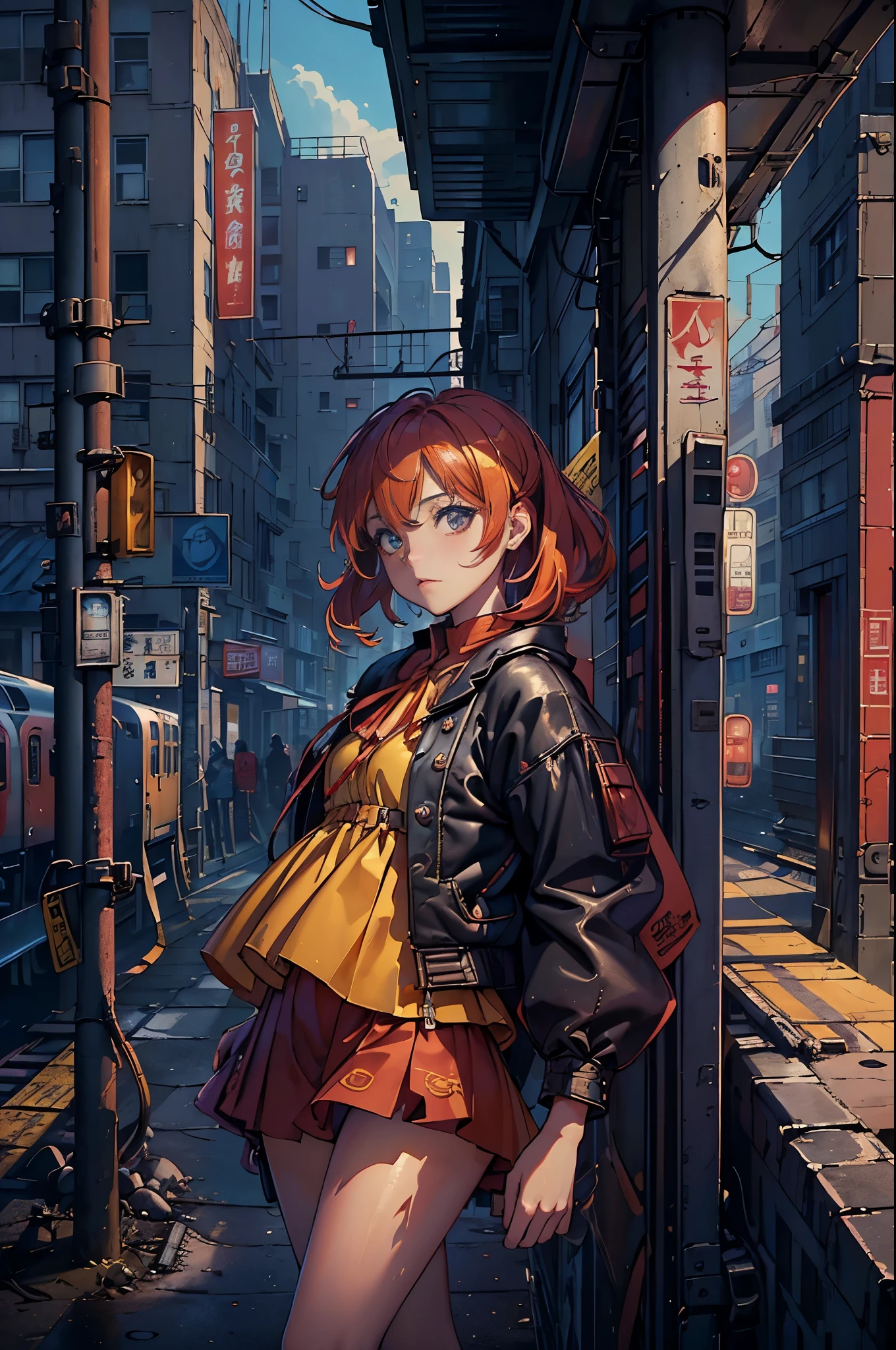 vibrant with colors、((tmasterpiece)))、(((quality)))、((ultra - detailed))、(Surreal)、(Very detailed CG illustration)、offcial art、CD cover、It will be、midsummer、The glorious 1980s、1 Sister,pretty eyes,((Just look at the audience)),Cool beauty、cochetti gorgeous、incomparable beauty、Hair color、Rock music、jaqueta de couro、Superskirt、perfect angle、Perfectcomposition、(natta,stairways,trains,Yunxia),Corner store,Fantastical_A WORLD,