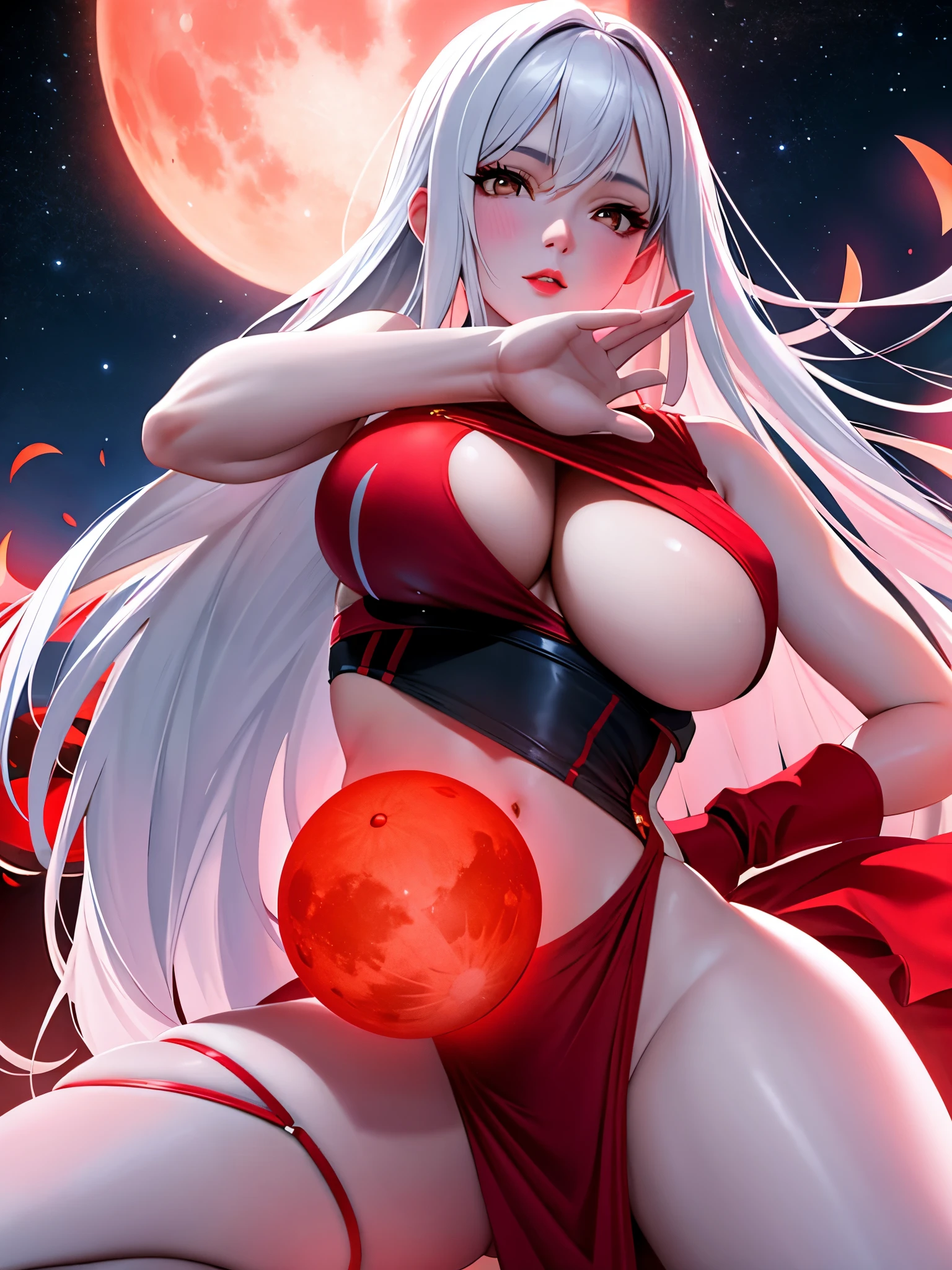 1个Giant Breast Girl, pretty face, ((White eyes)), a sexy pose, red moon in background, As estrelas, the space, (lightroom:1.13), softlighting, (Natural skin texture:1.2), (hyper realisitc:1.2), Focus sharp, Focused