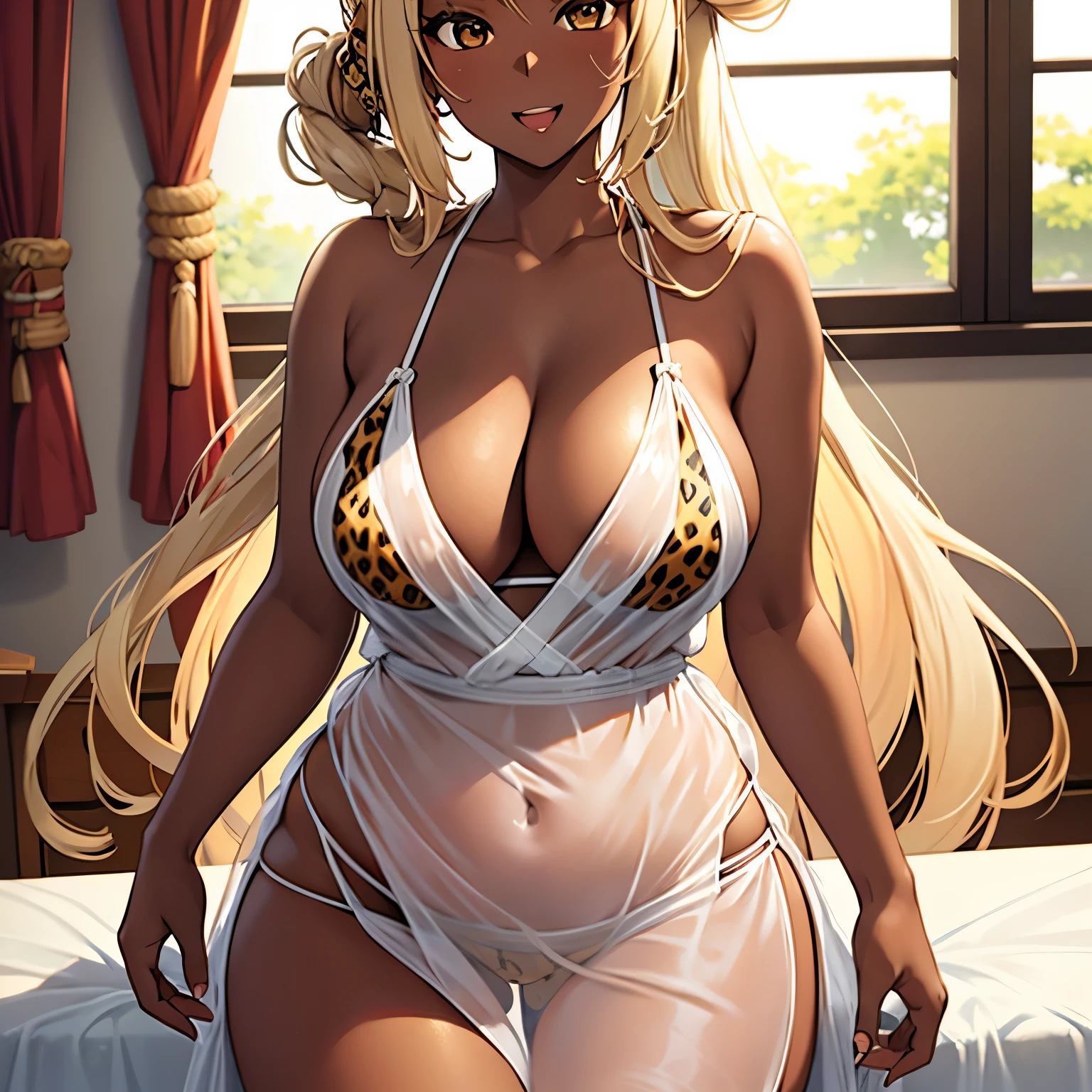 japanese MILF,28 years old,bleached blond hair,half updo,large breasts,large ass,curvy,dark skin,brown skin,in classroom,white see through long dress,bikini under dress, leopard print bikini,looking at viewer,smirking,open mouth,dress lift