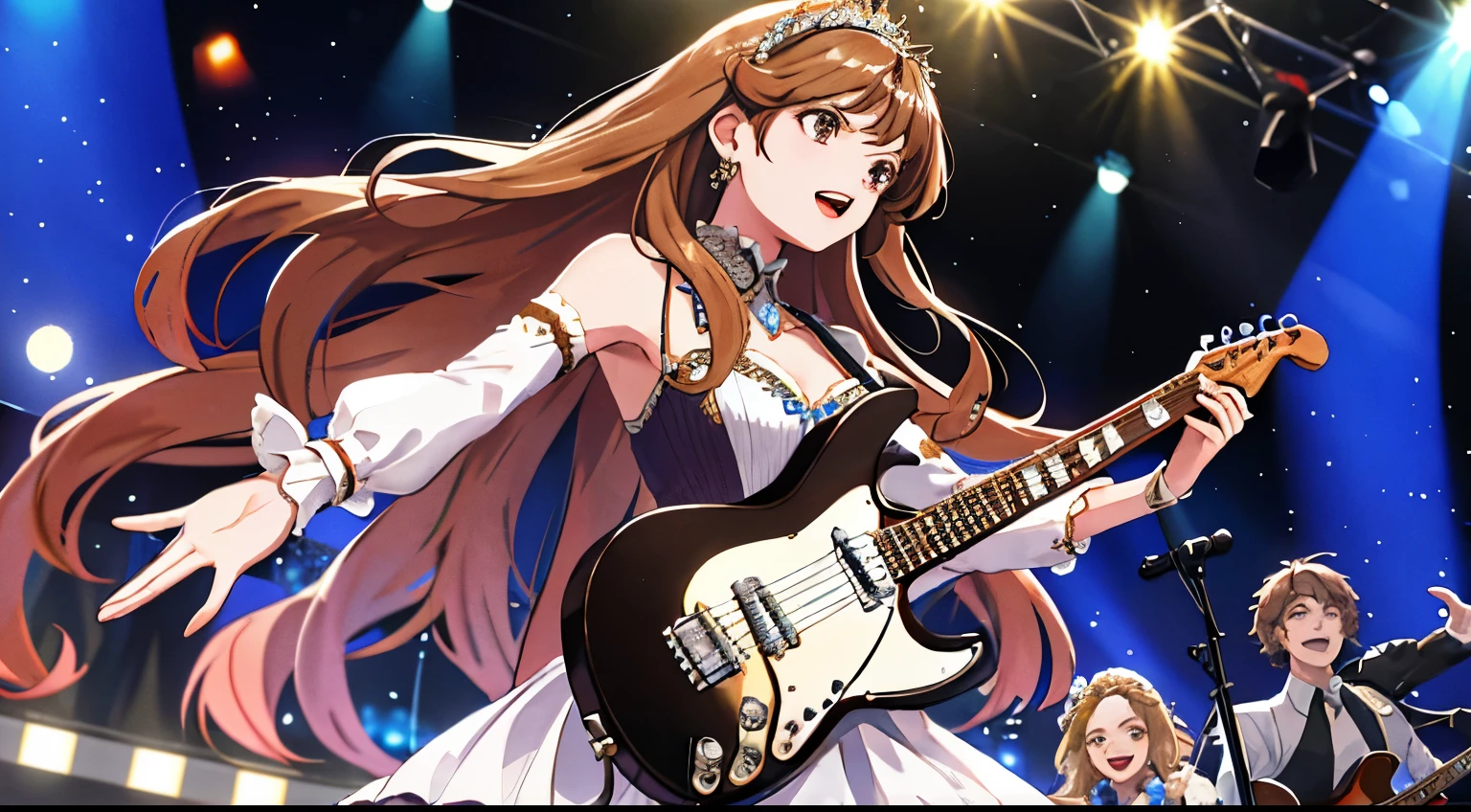 Best Quality,queen,hight resolution,Solo,brown,long hair,a beauty girl,Singing on stage,diadems,covered,
