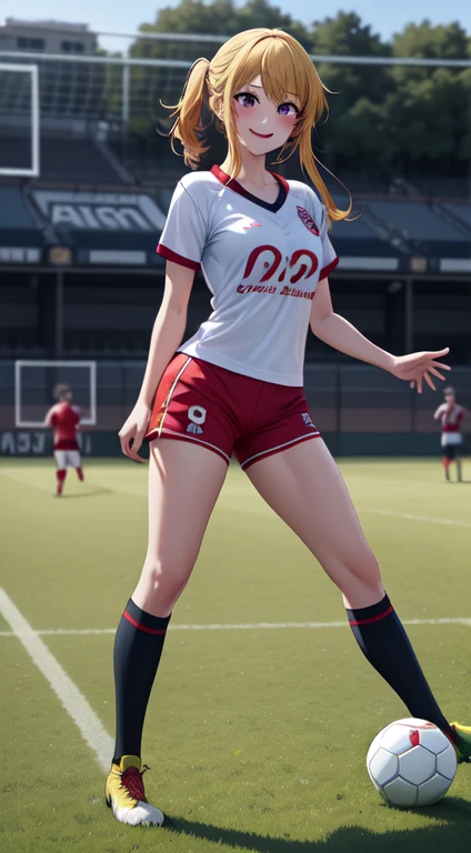 anime, beautiful face, highly detailed face, 2 accurate legs, pink detailed eyes, highly detailed background, perfect lighting, accurate arms, accurate hands, accurate fingers, blonde hair, full body, 1girl, solo, ruby hoshino, oshi no ko, outdoors absurdres, high res, ultrasharp, 8K, masterpiece, looking at the opponent, (full body:1.4), teasing smile, tight football t-shirt, tight sport shorts, playing football against someone, cleavage, on a soccer pitch, soccer