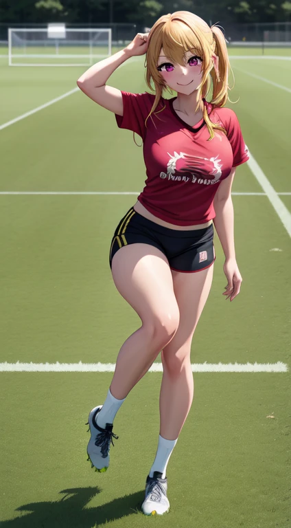 anime, beautiful face, highly detailed face, 2 accurate legs, pink detailed eyes, highly detailed background, perfect lighting, accurate arms, accurate hands, accurate fingers, blonde hair, full body, 1girl, solo, ruby hoshino, oshi no ko, outdoors absurdres, high res, ultrasharp, 8K, masterpiece, looking at the opponent, (full body:1.4), teasing smile, tight football t-shirt, tight sport shorts, playing football against someone, cleavage, on a soccer pitch, soccer