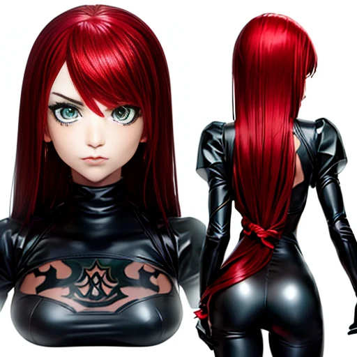 ((master part)), (best quality), (character creation sheet), (front, back and sides view), (4 angles per sheet), Close up of a girl's face, (fair skin, perfect skin, big eyes, emerald green eyes, bow-shaped eyebrows, red hair, (light red hair), mid hair, (focus on the face), perfect skin, perfect face, vengeful expression.).  She is known as Vendettendetta is your name), genetically created to be a secret agent, decided to rebel, and lives to hunt its creators.