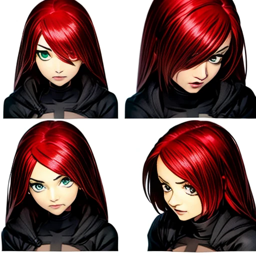 ((master part)), (best quality), (character creation sheet), (front, back and sides view), (4 angles per sheet), Close up of a girl's face, (fair skin, perfect skin, big eyes, emerald green eyes, bow-shaped eyebrows, red hair, (light red hair), mid hair, (focus on the face), perfect skin, perfect face, vengeful expression.).  She is known as Vendettendetta is your name), genetically created to be a secret agent, decided to rebel, and lives to hunt its creators.