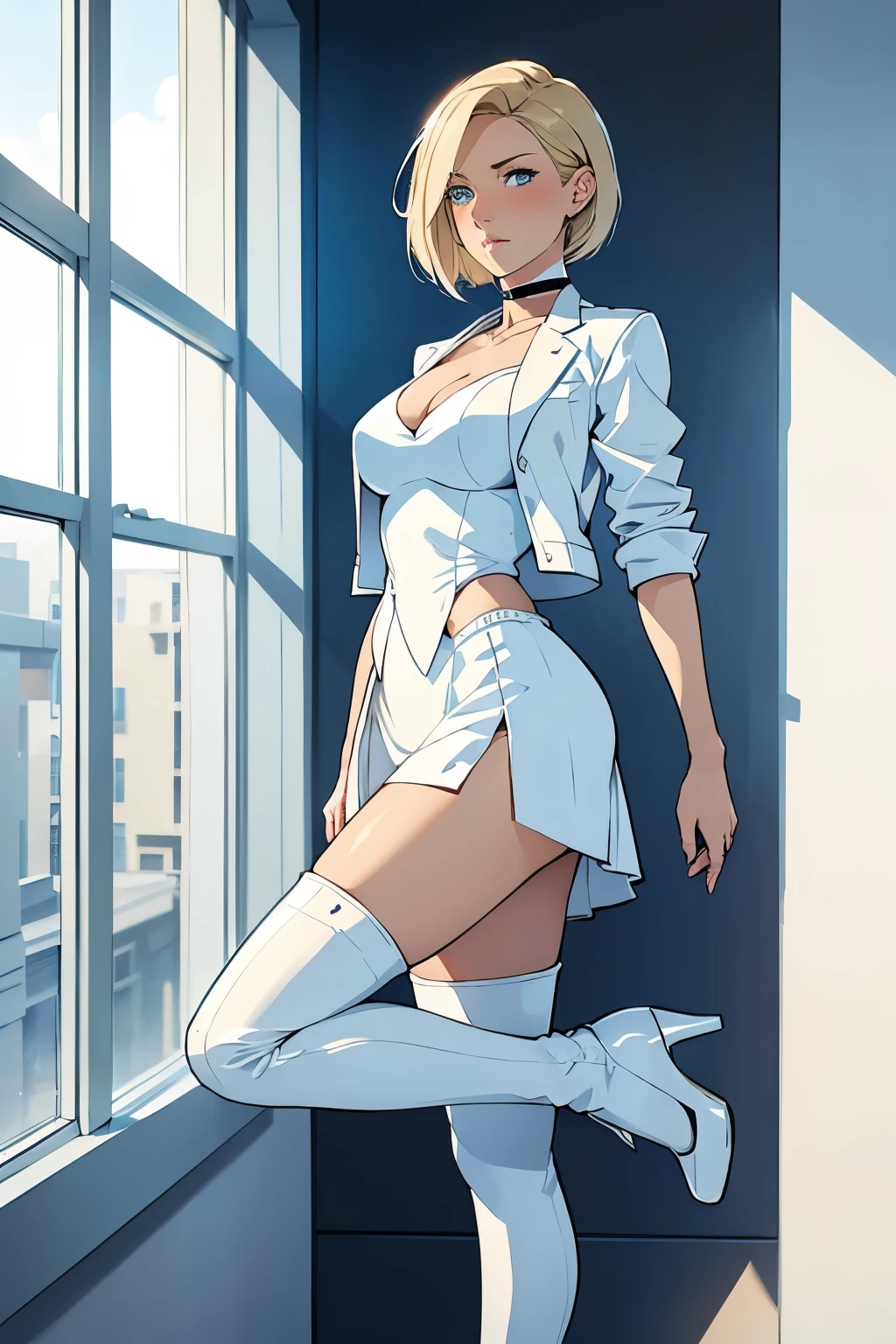 female, short straight blonde hair, blue eyes, white suit jacket, white skirt, long white high heel boots, black choker, no t shirt, medium boobs, blushing, in front of a window