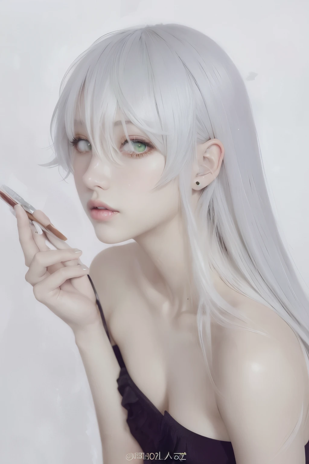 anime Chica con el pelo blanco and green eyes holding a brush, Obras de arte al estilo de Guweiz, Anime semi realista, Anime hiperrealista, Estilo de realismo de anime, Estilo de arte de anime realista, Anime semi - realista, pelo blanco, Anime fotorrealista, cabello blanco plateado, realistic anime artstyle, cano, cabello blanco intenso, chica de cabello plateado, Chica con el pelo blanco