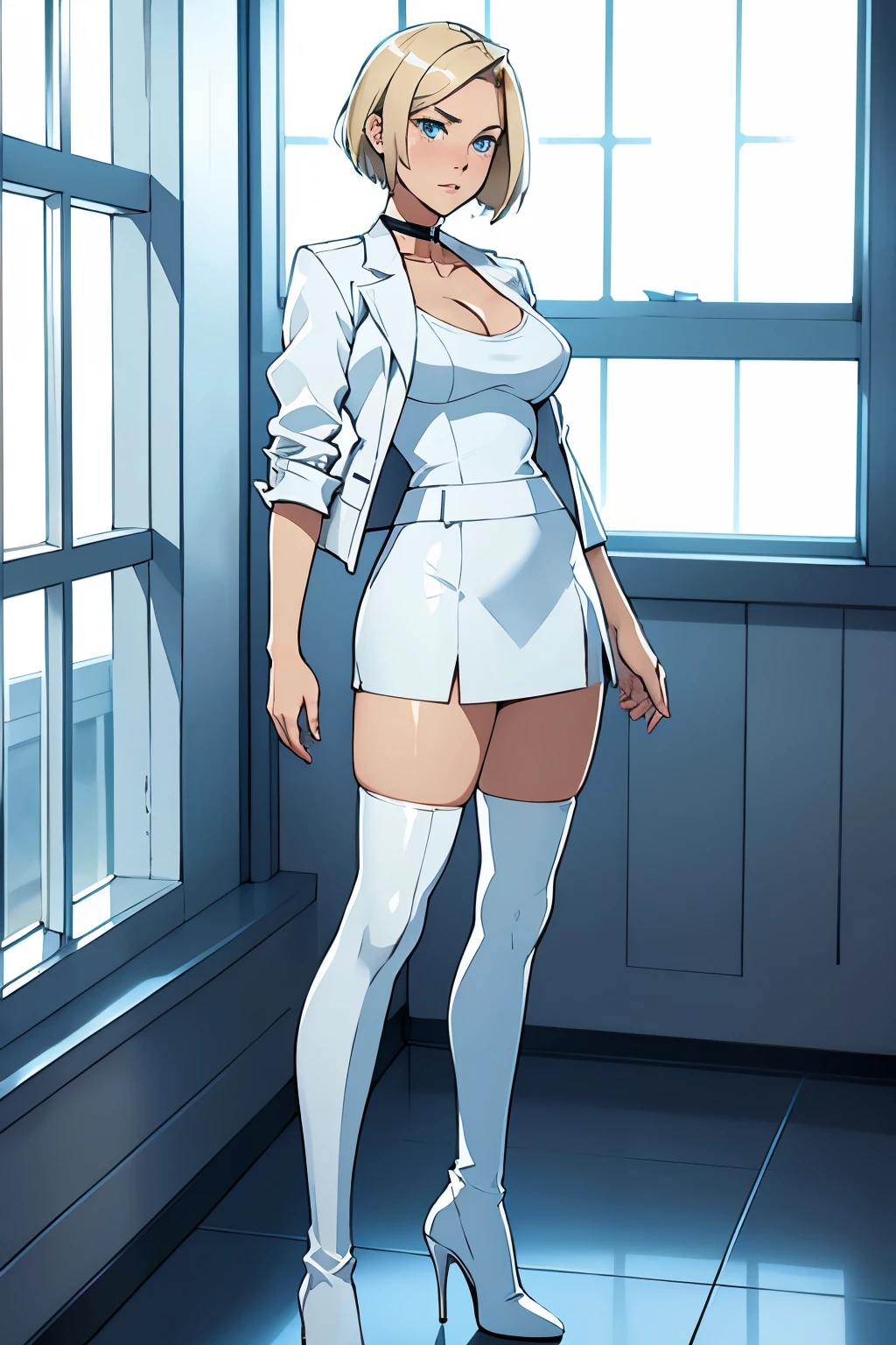 female, short straight blonde hair, blue eyes, white suit jacket, white skirt, long white high heel boots, black choker, no t shirt, medium boobs, blushing, in front of a window