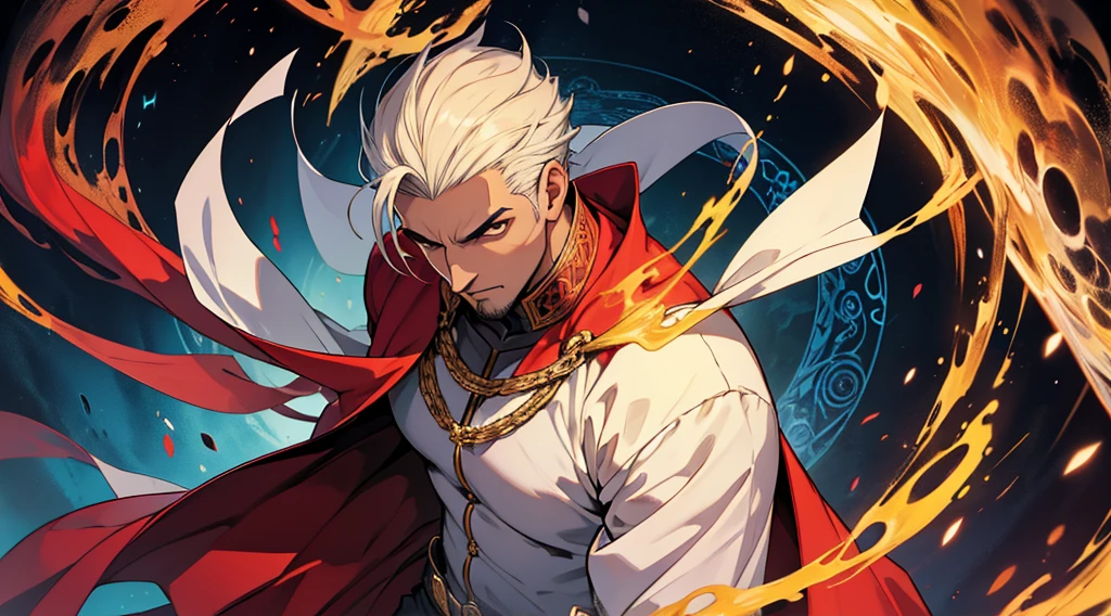 Homem de cabelos brancos e olhos azuis e de cachecol vermelho e traje arcana muito bravo segurando machado e fundo amarelo