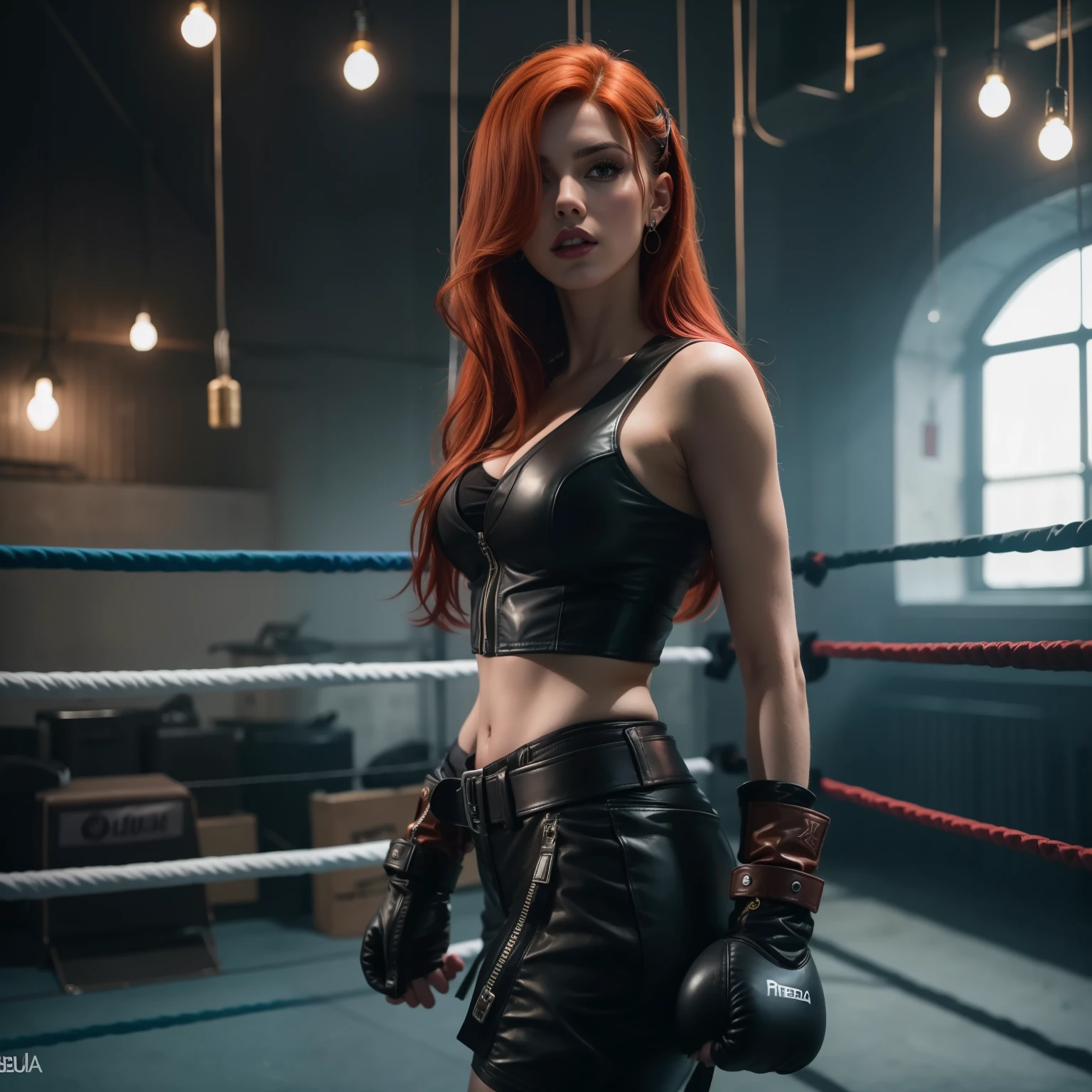Araafed woman in black leather outfit standing in a boxing ring, posando pronto para uma luta, she is ready to fight, Amouranth, Amouranth as a super villain, Pose de lutador, better known as Amouranth, Madison Beer como Leeloo, posando para uma luta, Katarina, de League of Legends, Triss Merigold