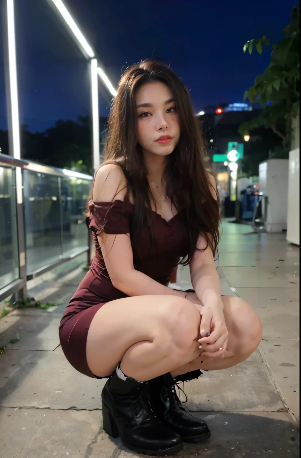 (8k, RAW photo, best quality, mastery:1.3), (realistic, photo-realistic:1.37), (looking viewer:1.331), (brunette hair), posing, Singapore street, nightcityscape, cyberpunk city, soft light, 1girl, full body,  extremely beautiful face , Perfect body proportions, (small face: 1.1), bust, casual hairstyle, smile, big eyes, (off-shoulder slip mini dress, cowboy boots), mix4, detailed eyes