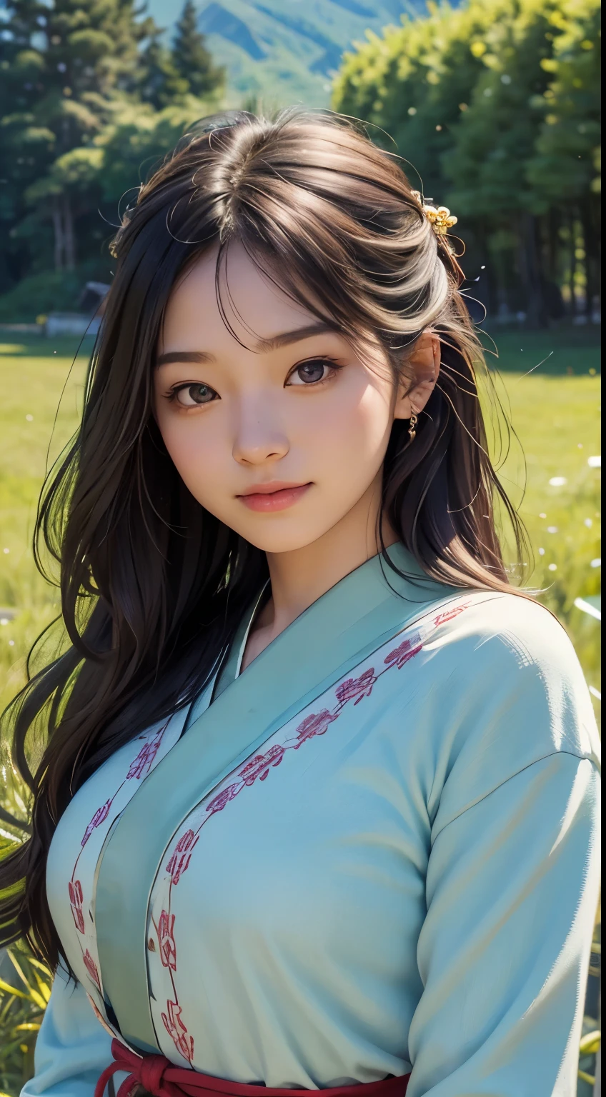 beautiful girl in a primitive costume made of hemp, front face, photo, an extremely delicate and beautiful, extremely detailed, Amazing, extremely detailed skin, (18 years old:1.2), cute girl, famous Japanese idol, kawaii, fair skin, shiny skin, chin thin, smile, cute, young, extremely detailed nose, extremely detailed mouth, cute face, (realistic face:1.4), beautiful views, japan, nature, grass field, mountain, outdoors, blue sky