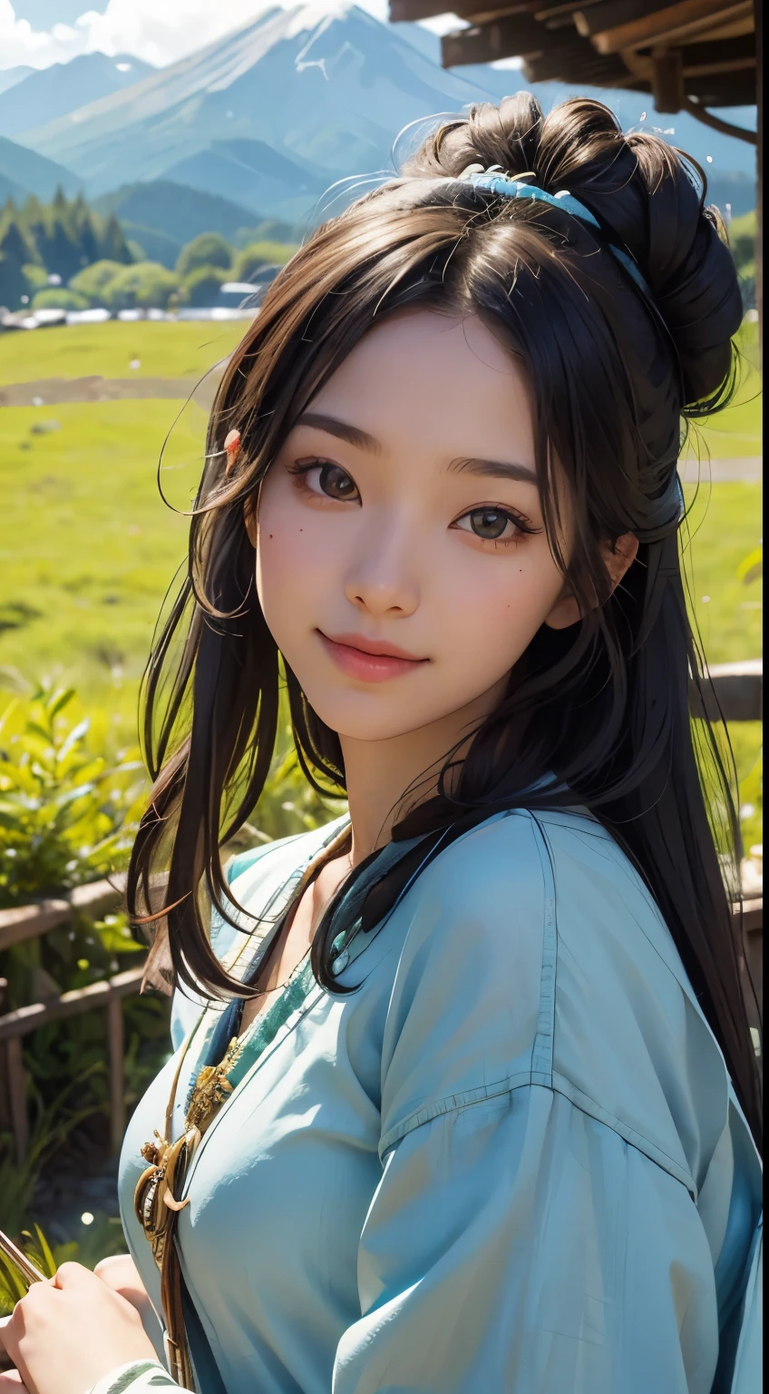 beautiful girl in a primitive costume made of hemp, front face, photo, an extremely delicate and beautiful, extremely detailed, Amazing, extremely detailed skin, (18 years old:1.2), cute girl, famous Japanese idol, kawaii, fair skin, shiny skin, chin thin, smile, cute, young, extremely detailed nose, extremely detailed mouth, cute face, (realistic face:1.4), beautiful views, japan, nature, grass field, mountain, outdoors, blue sky