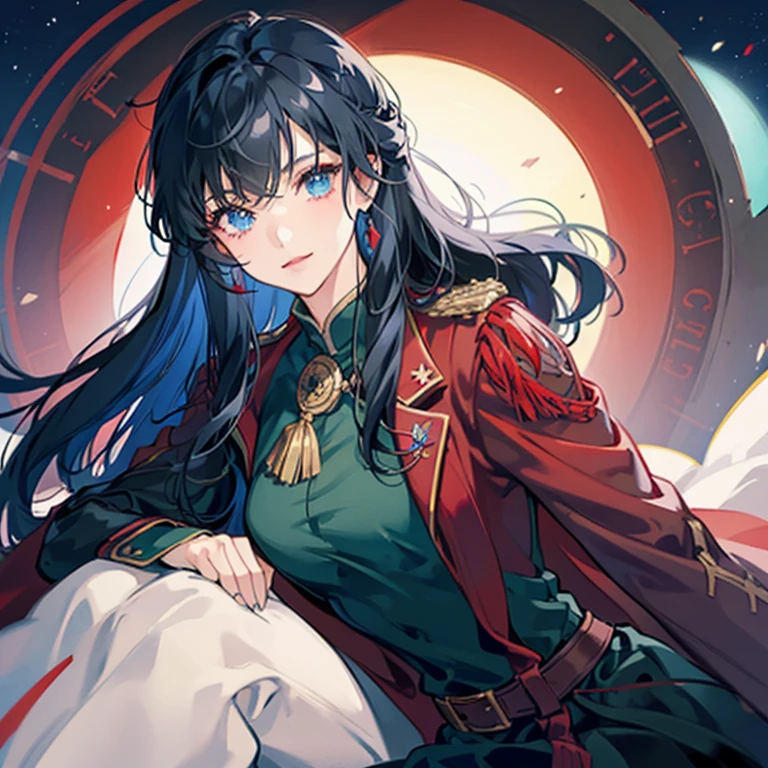 A girl with long black hair wearing a red military uniform,Blue inner color for hair,,Has bangs,Eyes are blue,Glowing blue eyes,red military uniform with green cape,a cool,A slight smil