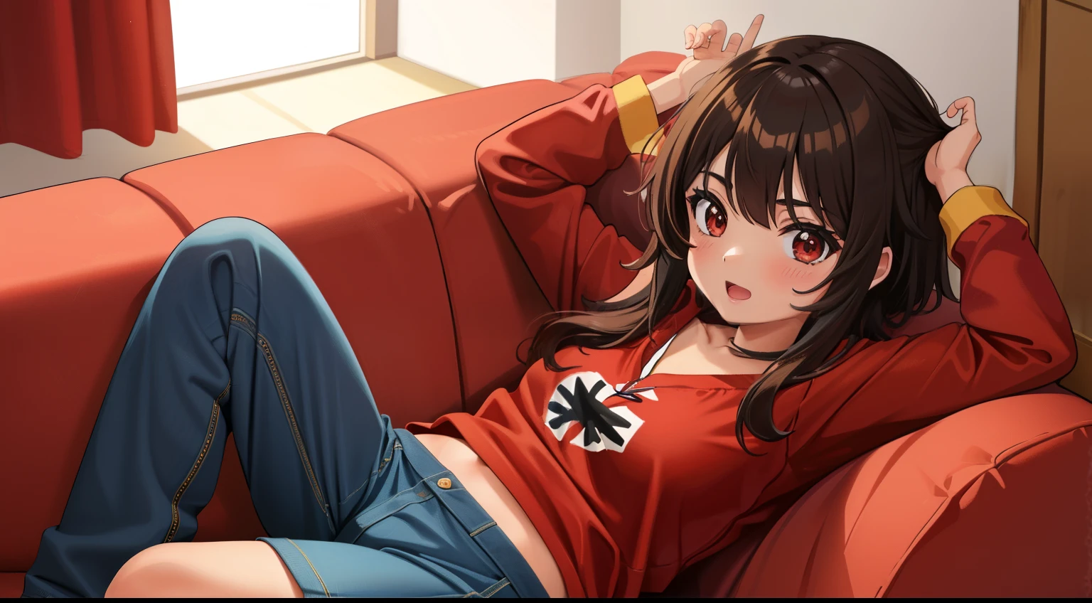 (Obra maestra, La mejor calidad),  Detalles intrincados, 1girl, Megumin, pelo corto, sudadera, Ropa casual, sudadera roja sentada en un sofa, sofa, mirando a la camara, cara feliz,