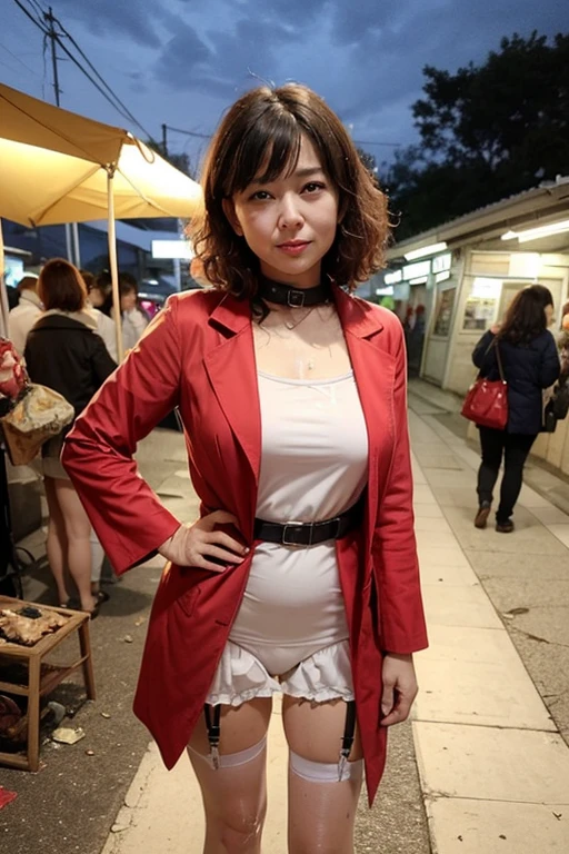 (A strong wind was blowing and her hair was fluttering、It&#39;s raining heavily and her body is very wet)、(she is a mature woman)、（she looks sad like she&#39;s about to cry）、(She is staring at the camera)、（She wears a cute collar with a big bell attached to it and carries it by herself.）、 (She has long golden hair and messy curls.)、(she has a very thin body:1.2)、(she has very small breasts)、（She is wearing an embarrassingly short micro miniskirt.）、（She wears unusual and unique underwear that is very sensational）、(she wears a frilly garter belt)、 (She's standing)、（She has her hands on her hips）、（she is showing her armpits)、(Top image quality、top-quality、Top resolution、Masterpiece、ultra-detailliert、foco nítido、depth of fields、8K)、(at night or during the day、the weather is cloudy)、(The location is a shopping street in front of a dilapidated station in the countryside.)、（There is a lot of untidy garbage and rotten, rusted, and broken items that have been left unattended for decades.)、（The background is messy）、she is wearing a coat、I'm wearing high heels。