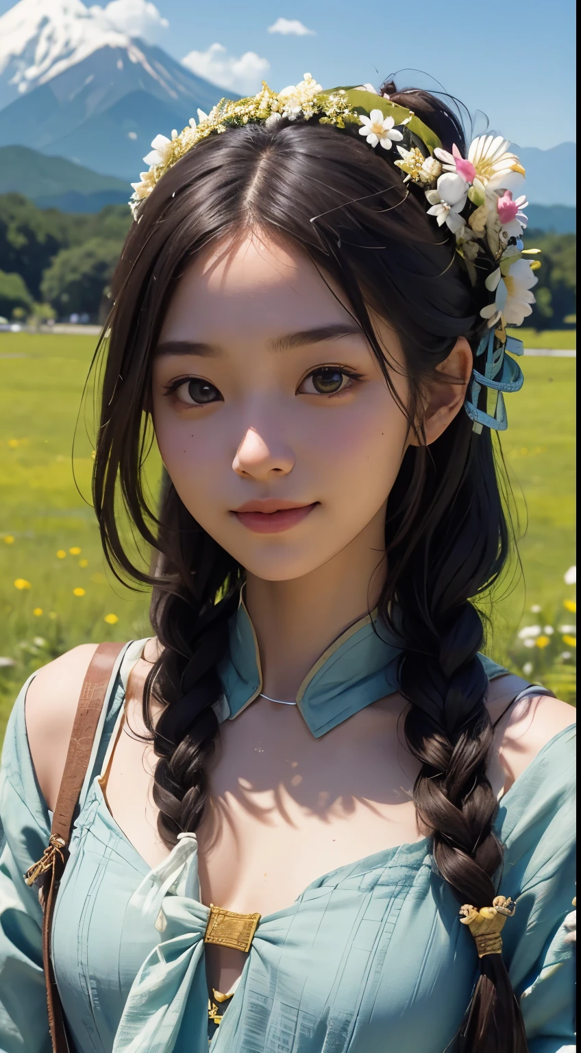 beautiful girl in a primitive costume made of hemp, front face, photo, an extremely delicate and beautiful, extremely detailed, Amazing, extremely detailed skin, (18 years old:1.2), cute girl, famous Japanese idol, kawaii, fair skin, shiny skin, chin thin, smile, cute, young, extremely detailed nose, extremely detailed mouth, cute face, (realistic face:1.4), beautiful views, japan, nature, grass field, mountain, outdoors, blue sky