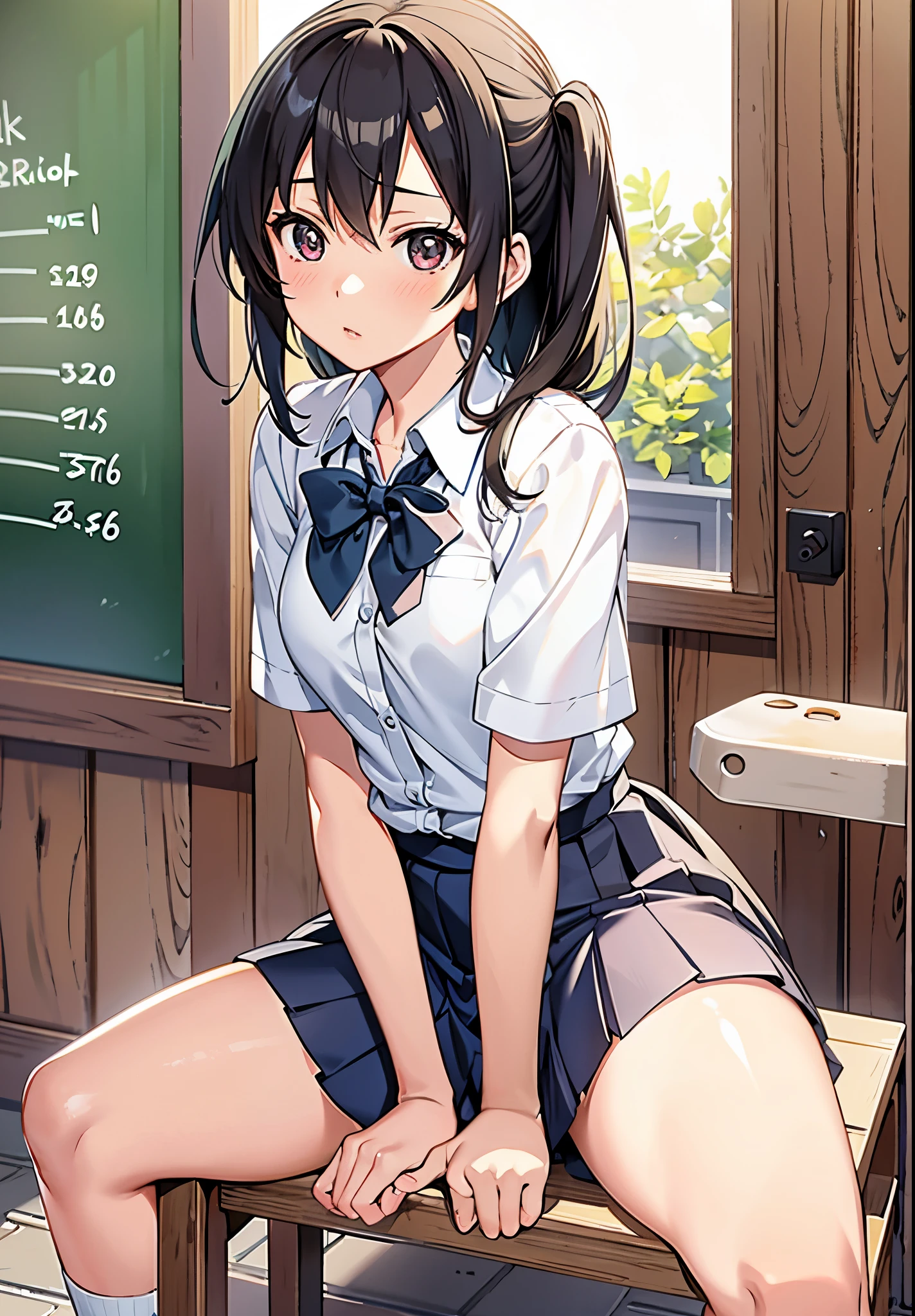 tmasterpiece,high high quality,Teenage girl,girl,short sleeve school uniform,Classroom,Very shy,fart,sit on chair,with her hips raised,fart a lot
