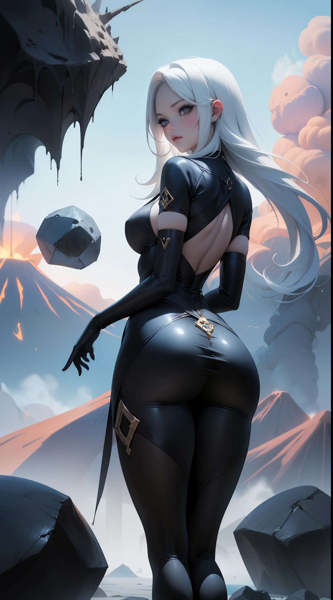 (rear view, backside view),Un primer plano de una mujer con un vestido blanco posando para una foto, Arte detallado de alta calidad 8K, Fanart Mejor ArtStation, Fantasy art style, piel blanca brillante, WLOP RossDraws, Piel blanca brillante, Arte WLOP, inspirado en WLOP, Diosa del anime, 4 k detail fantasy, WLOP y Rossdrew, Arte detallado del anime digital,  (convexo Dedos camello) , (seaArt 2.1), (hermosos ojos azules)  ,(fondo piedras grandes volcano negro:1.4) ,