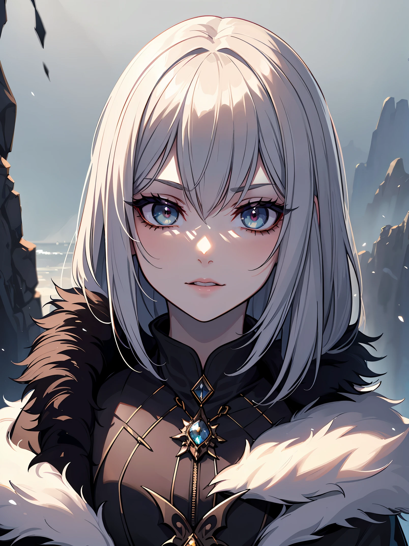 chrrblssm (sharp focus:1.2), photo, attractive young woman, (beautiful face:1.1), detailed eyes, luscious lips, (smokey eye makeup:0.85), wearing (fur coat:1.2) on a (cliffside:1.2). (moody lighting:1.2), depth of field, bokeh, 4K, HDR. by (James C. Christensen:1.2|Jeremy Lipking:1.1).