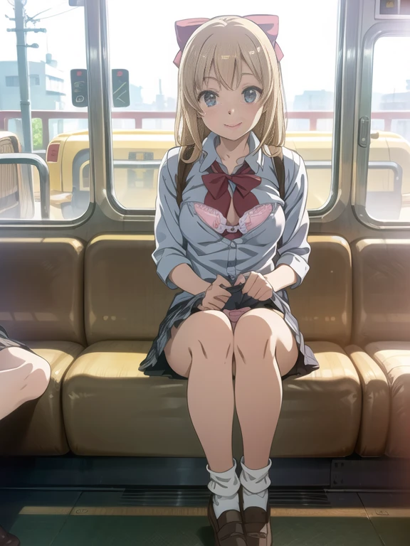 Best Quality, masutepiece, 超A high resolution, (Photorealistic: )hi-school girl、frontageから見る、Loose Socks、a blond、Twin-tailed、bow ribbon、A smile、校服、Blue checked mini skirt、Loose Socks、Sitting on a chair on a bus、legs spread to the left and right、Pink Panties、Loose socks、lowfers、In front of the station、Light blue shirt、White collar shirt。Open the front of the shirt、pink  bra、frontage、