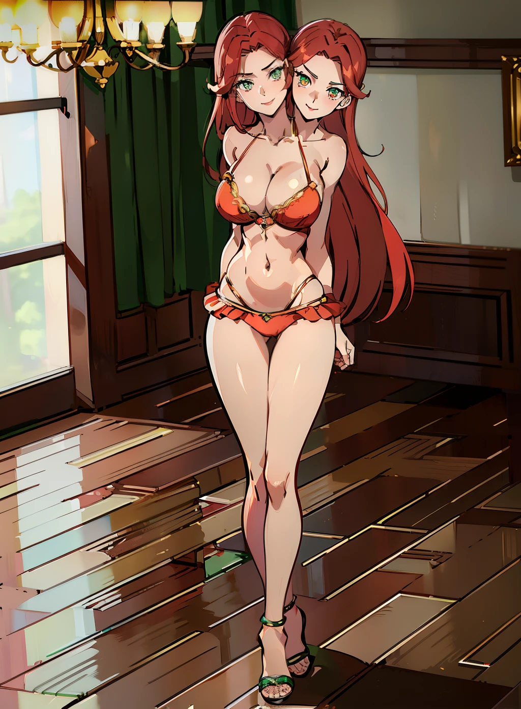 best quality, (masterpiece),(ultra-detailed), (high quality), (high resolution), 1girl, (2heads:1.5) long vermillion (red hair), (large breasts), cleavage, full body,best quality:1.5, highres, UHD, 4K), smiling, ((thin bikini)), wearing heeled sandals, ((full body)), (detailed emerald green eyes), pink eyes (mature sexy woman), casual dress, sexy proportions, belly button, wide thighs, Beautiful girl with accentuated slender abs, sexy and seductive, beautifully smooth skin, elegant, (sexy pose), (room full of treasure), ((tall woman))