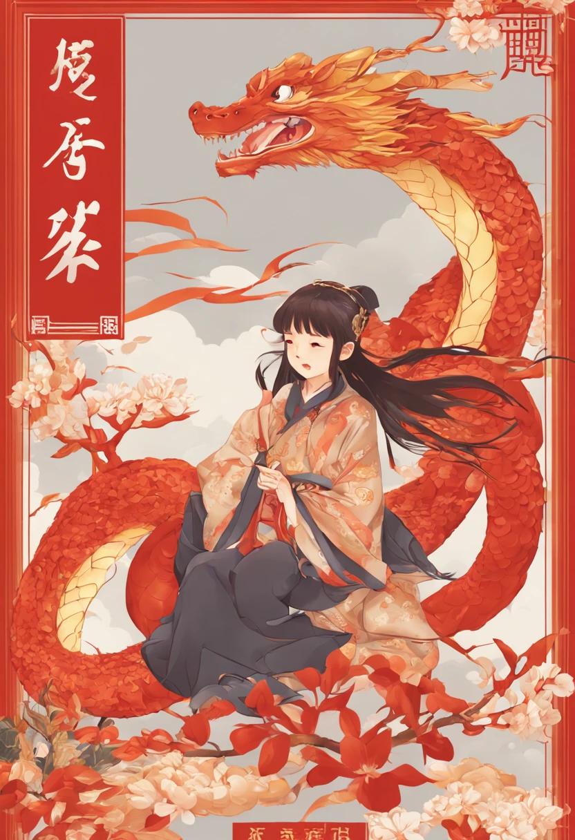 A long-haired girl dressed in red and gold has her head bitten by a dragon, surrounded by traditional symbols such as lanterns, couplets and gold ingots. Standing in front of the background, the color scheme is bright and vivid, but also a little eerie.