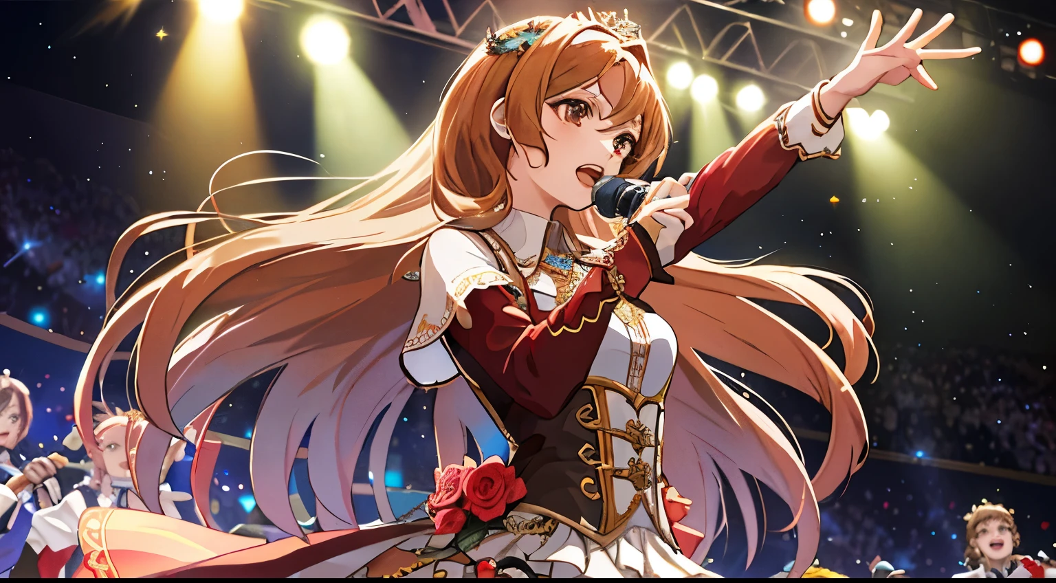Best Quality,queen,hight resolution,Solo,brown,long hair,a beauty girl,Singing on stage,diadems,covered,