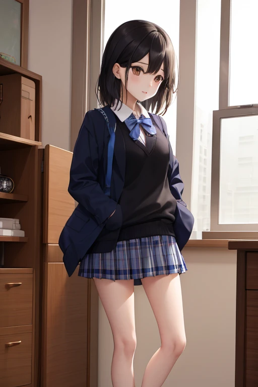 Hi-Res、masutepiece、foco nítido、pixiv's masterpiece、High Detail、full-body view、Standing、erect through、legs are open、inaba_himeko、1girl in、A dark-haired、黒Sweaters、student clothes、Sweaters、ドレスThe shirt、jaket、blazers、blue ribbons、The shirt、plaid skirts、