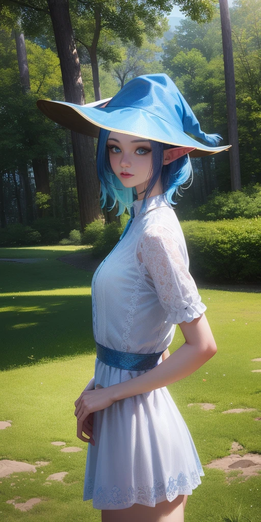 1girl, blue hair, blue eyes, elf ears, wizard hat, white dress, cowboy shot, outdoors, landscape, quality, masterprice, (solo:1.1), raytracing, ultra detailed,detailed face, 8k wallpaper, quality, masterprice, 1girl, (solo:1.1), raytracing, ultra detailed,detailed face, 8k wallpaper,